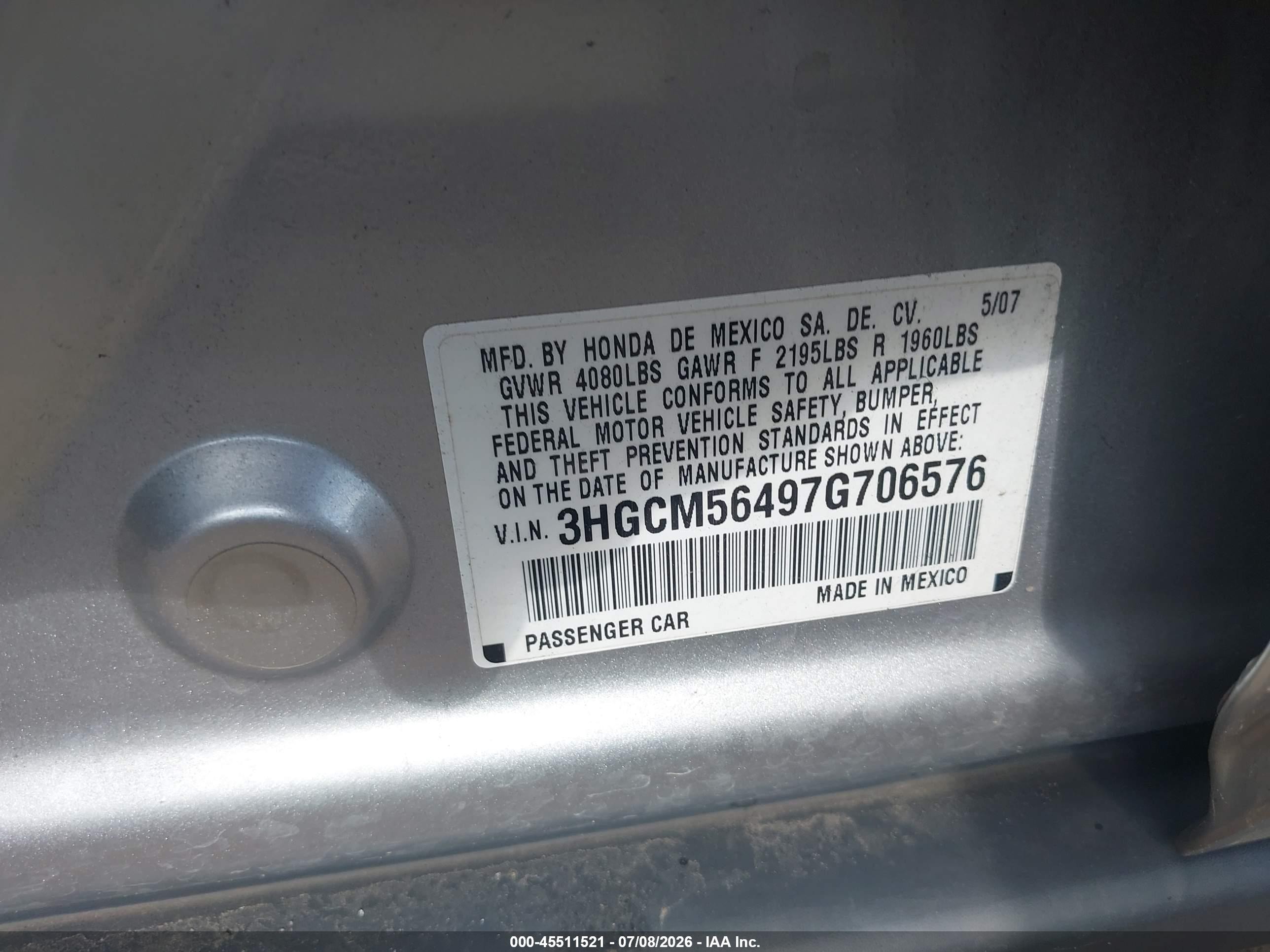 2007 Honda Accord 2.4 Lx Silver vin: 3HGCM56497G706576