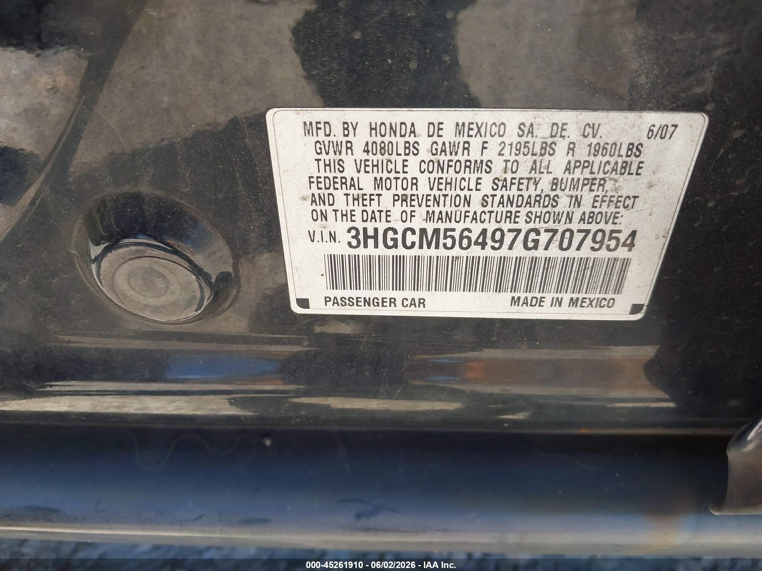 2007 Honda Accord 2.4 Lx Черный vin: 3HGCM56497G707954