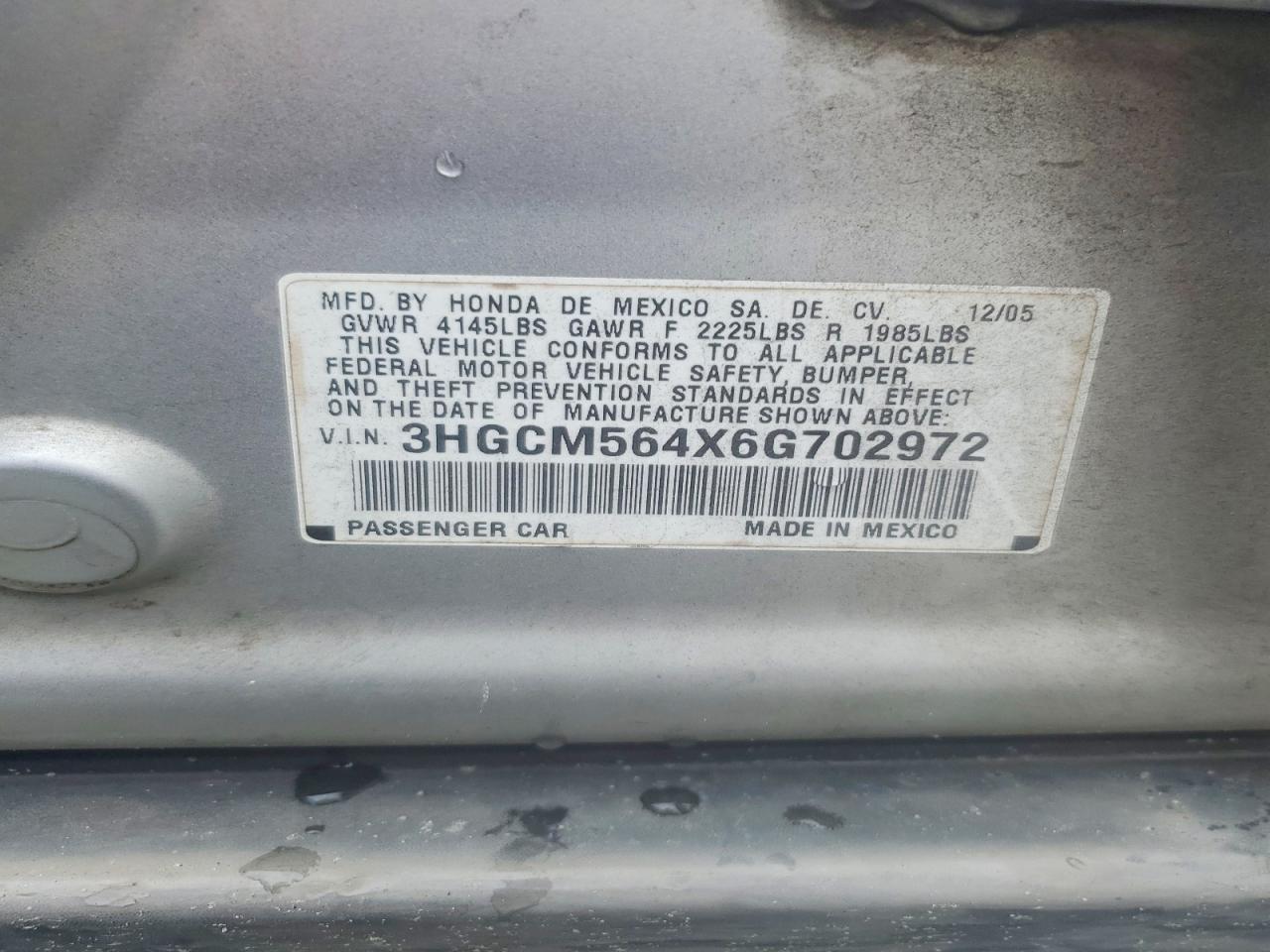 2006 Honda Accord Lx Серебряный vin: 3HGCM564X6G702972