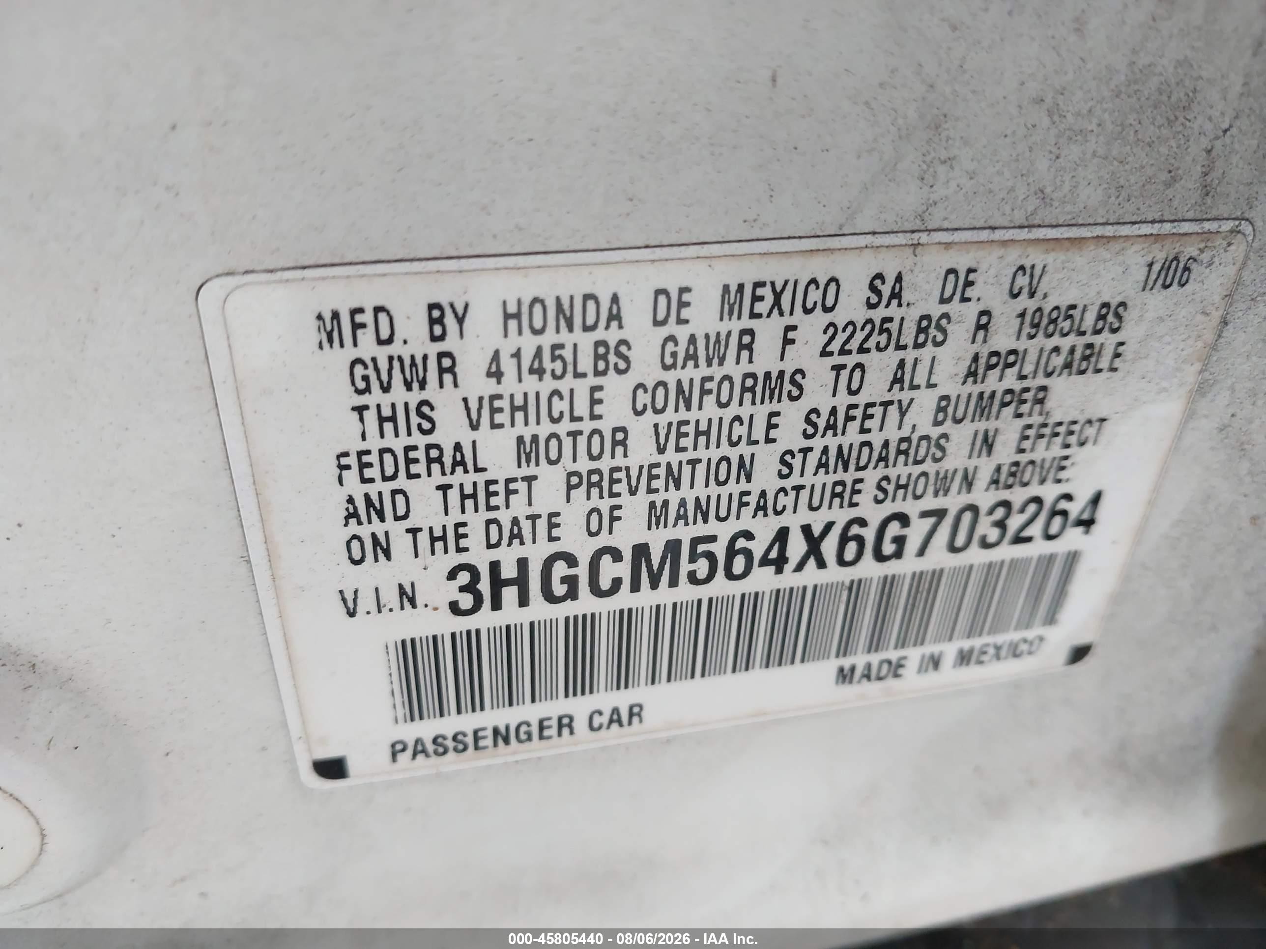 2006 Honda Accord 2.4 Lx White vin: 3HGCM564X6G703264