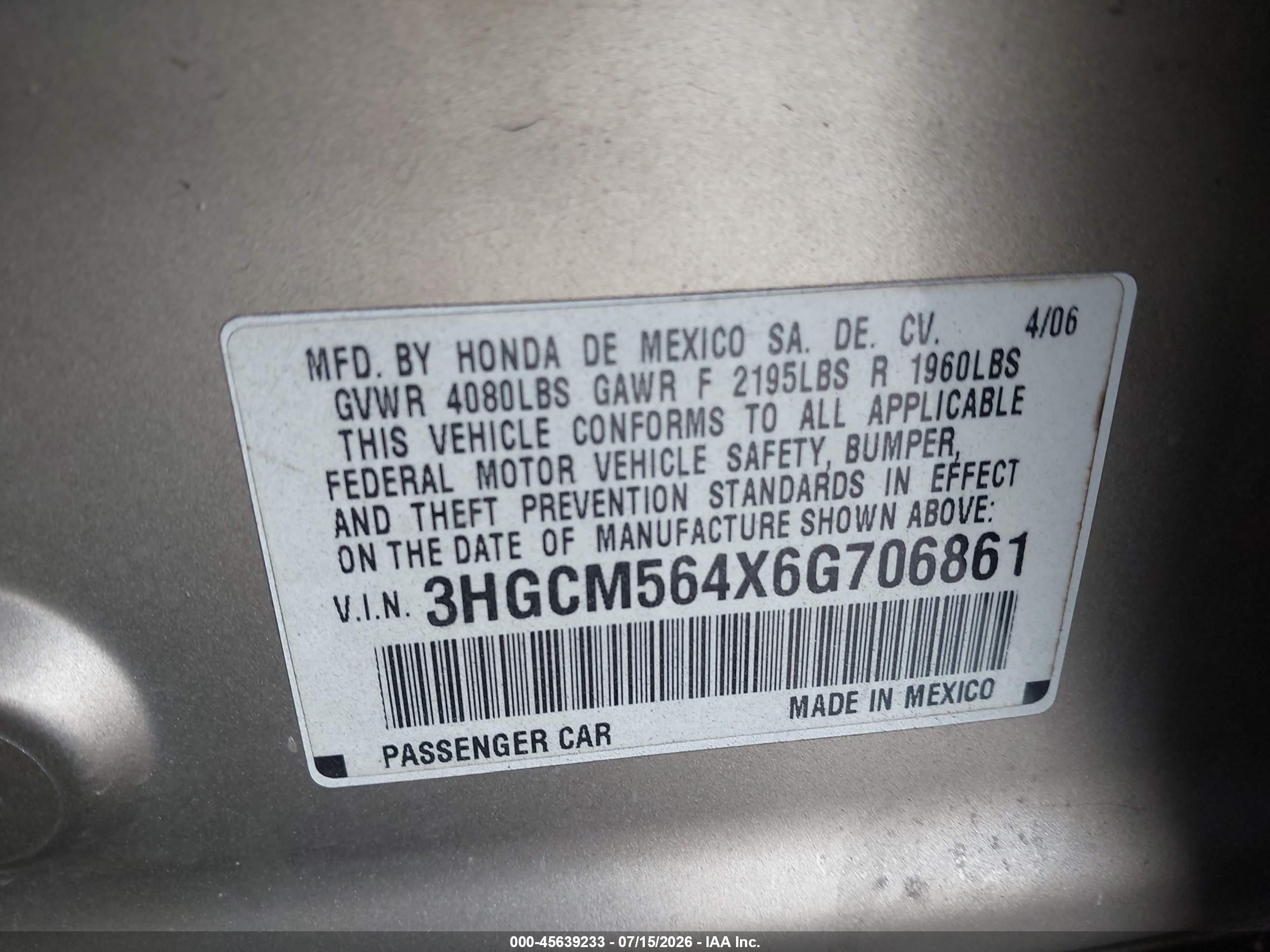 2006 Honda Accord 2.4 Lx Gold vin: 3HGCM564X6G706861