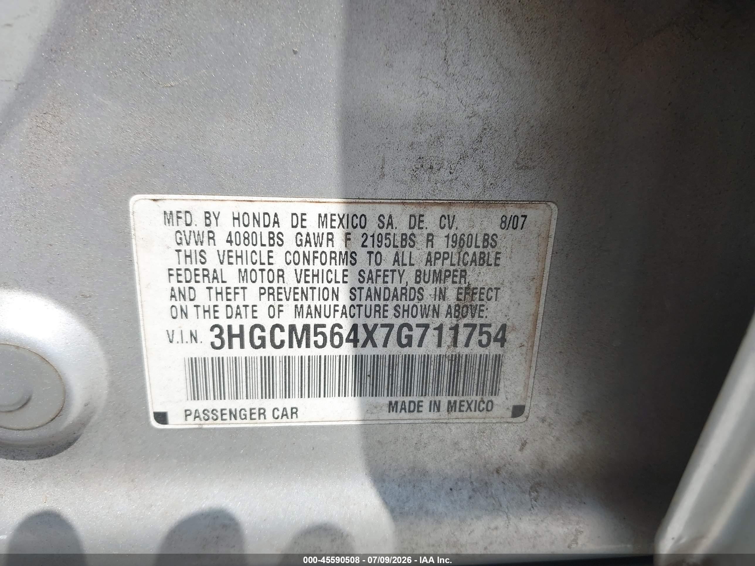 2007 Honda Accord 2.4 Lx Silver vin: 3HGCM564X7G711754