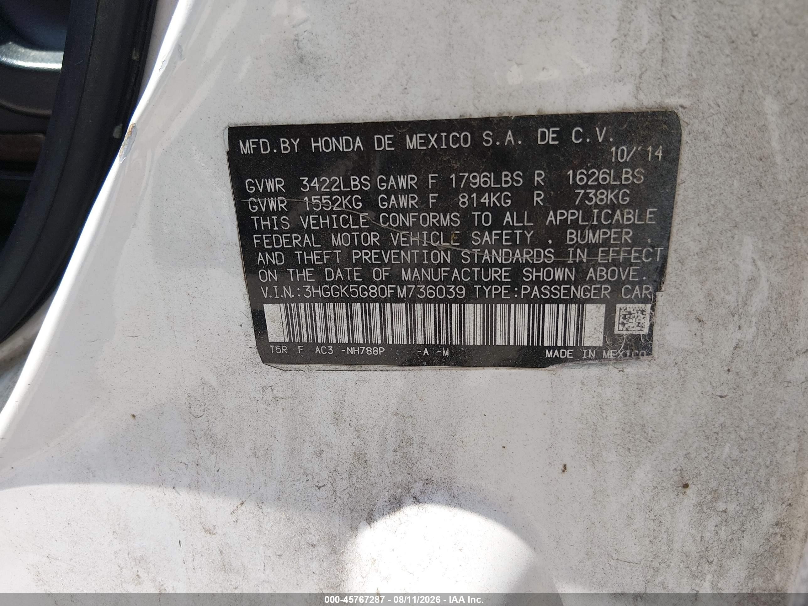 2015 Honda Fit Ex White vin: 3HGGK5G80FM736039