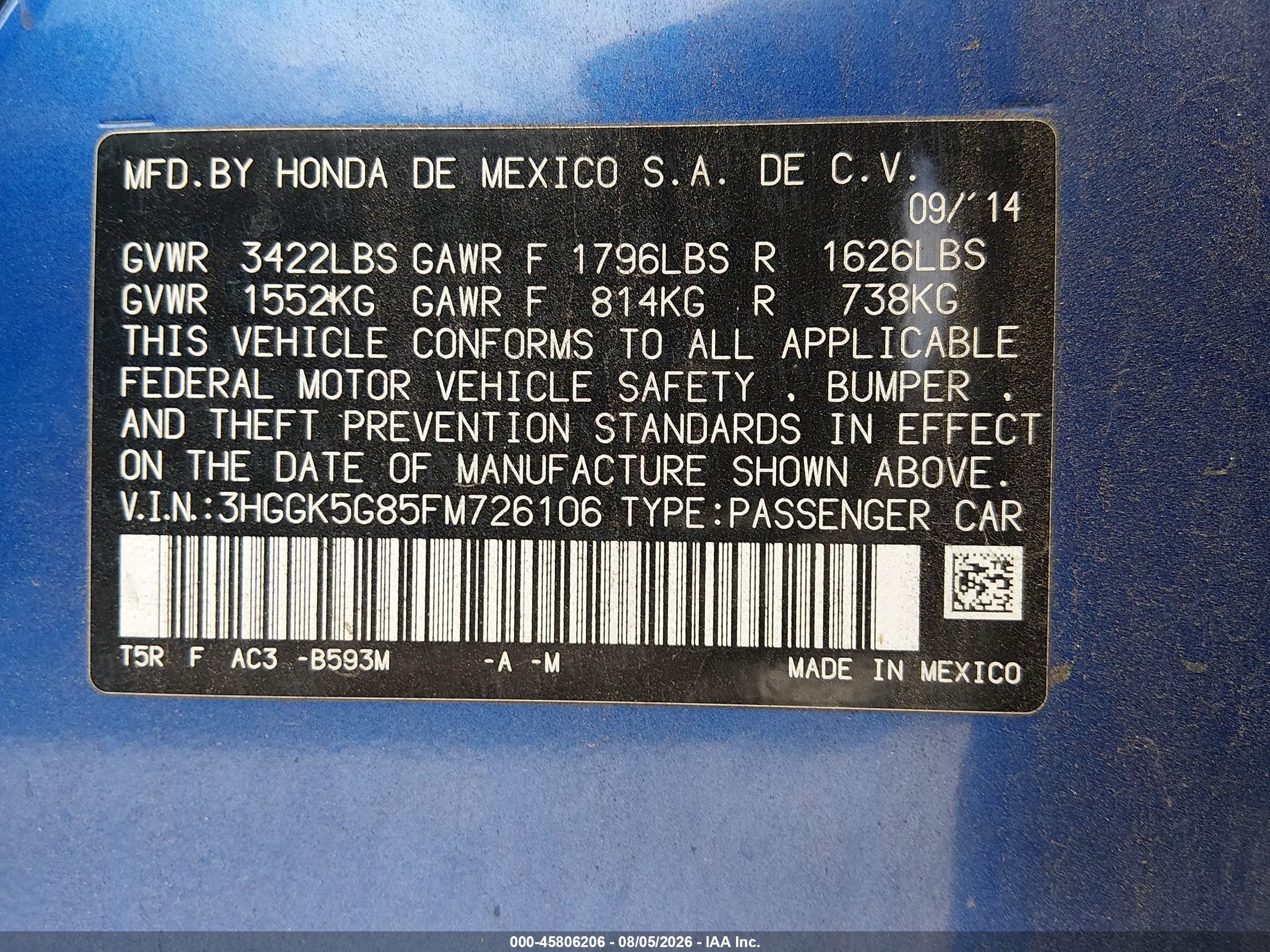 2015 Honda Fit Ex Blue vin: 3HGGK5G85FM726106