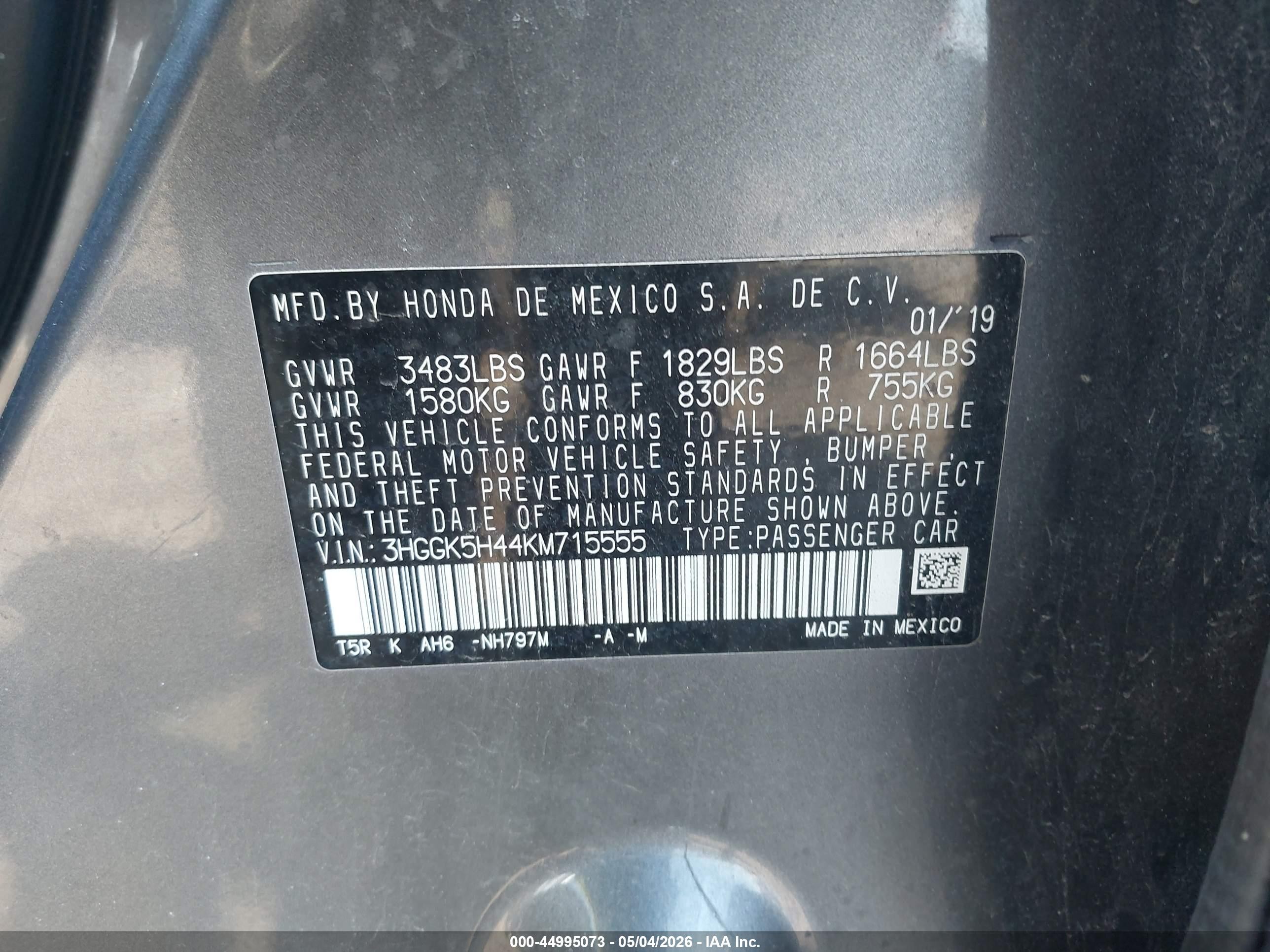 2019 Honda Fit Lx Серый vin: 3HGGK5H44KM715555