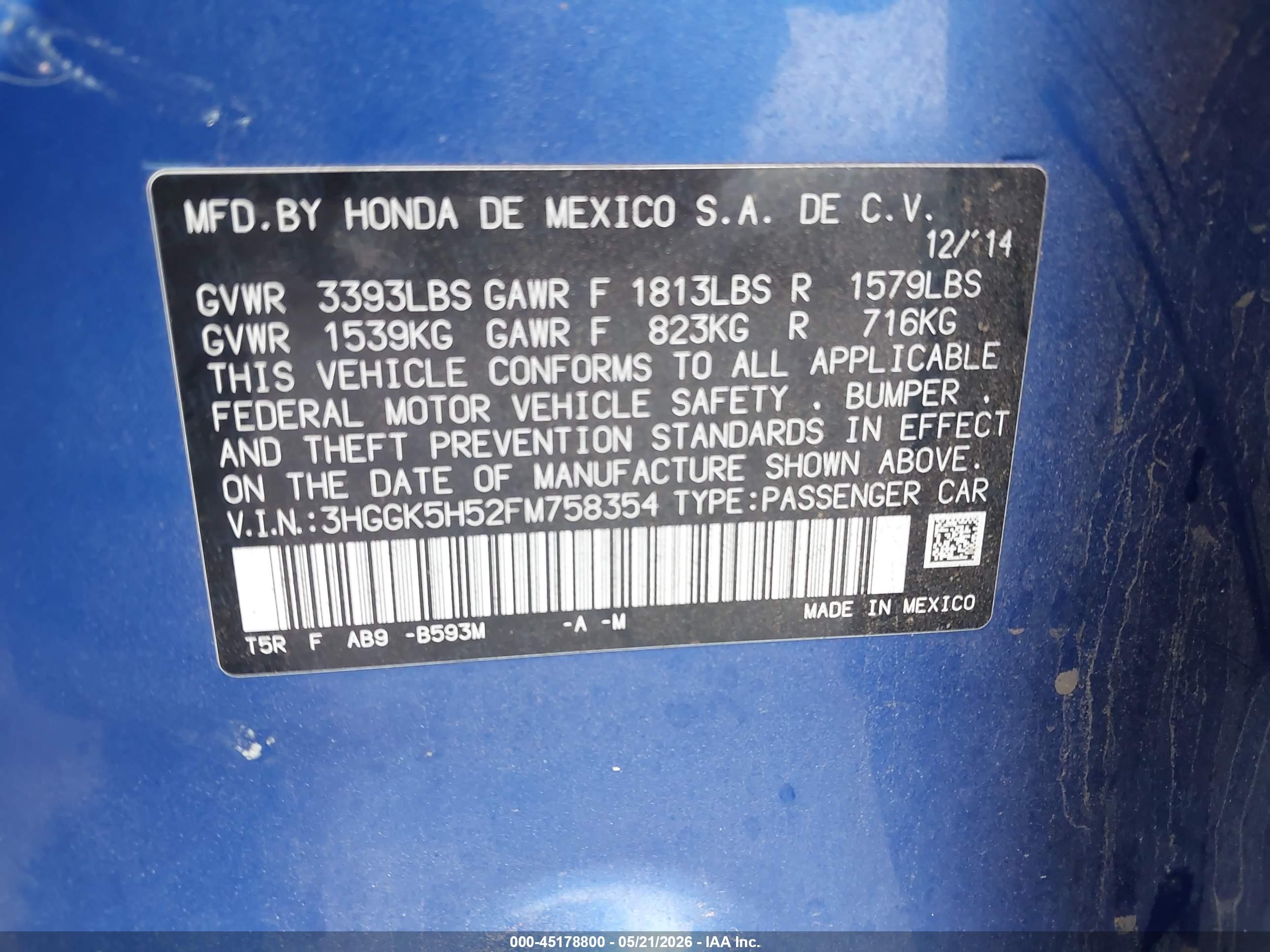 2015 Honda Fit Lx Blue vin: 3HGGK5H52FM758354