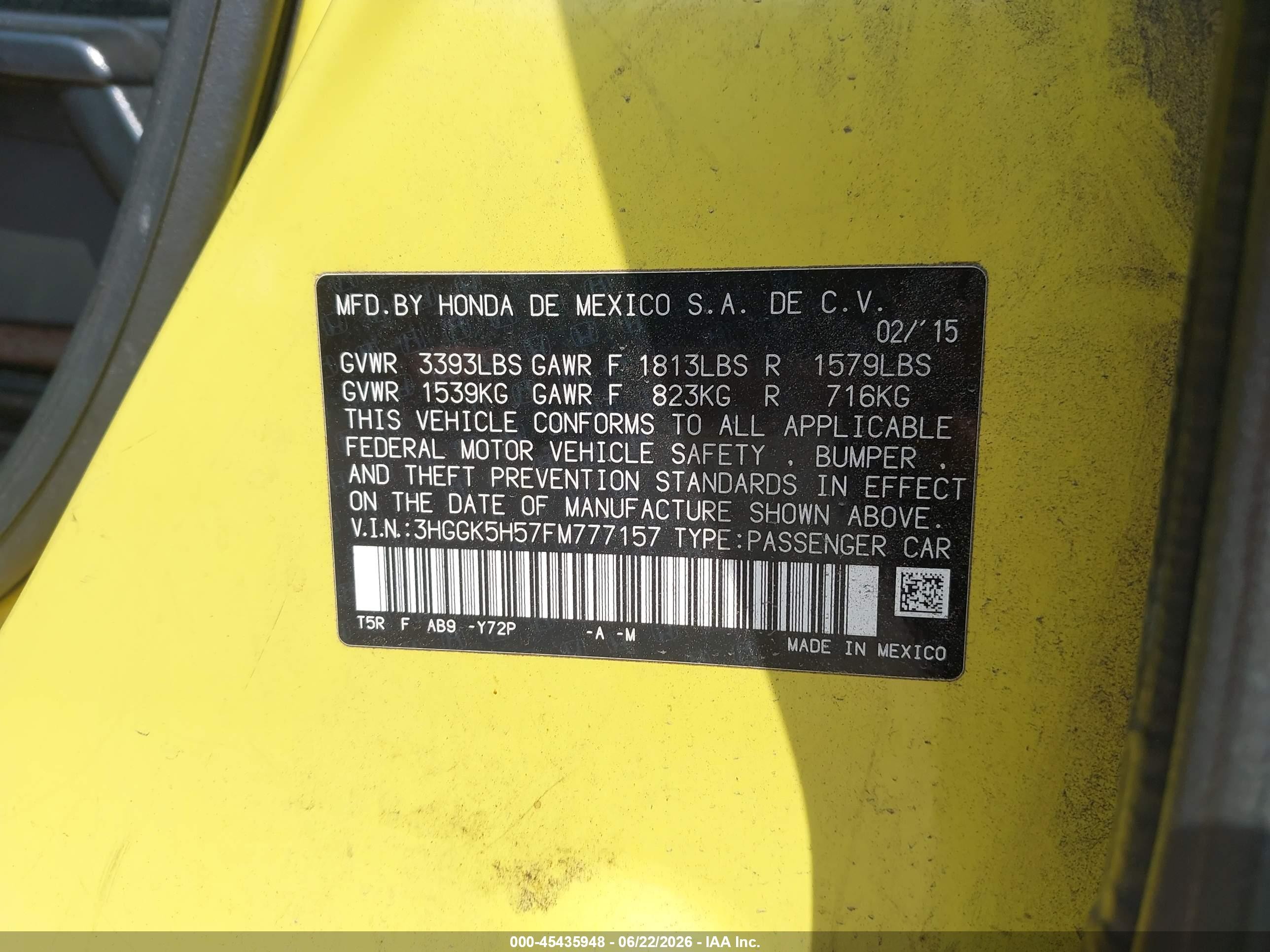 2015 Honda Fit Lx Yellow vin: 3HGGK5H57FM777157