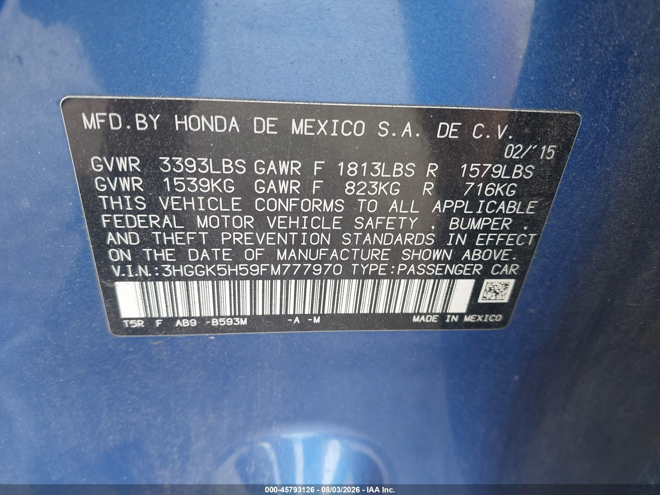 2015 Honda Fit Lx Blue vin: 3HGGK5H59FM777970