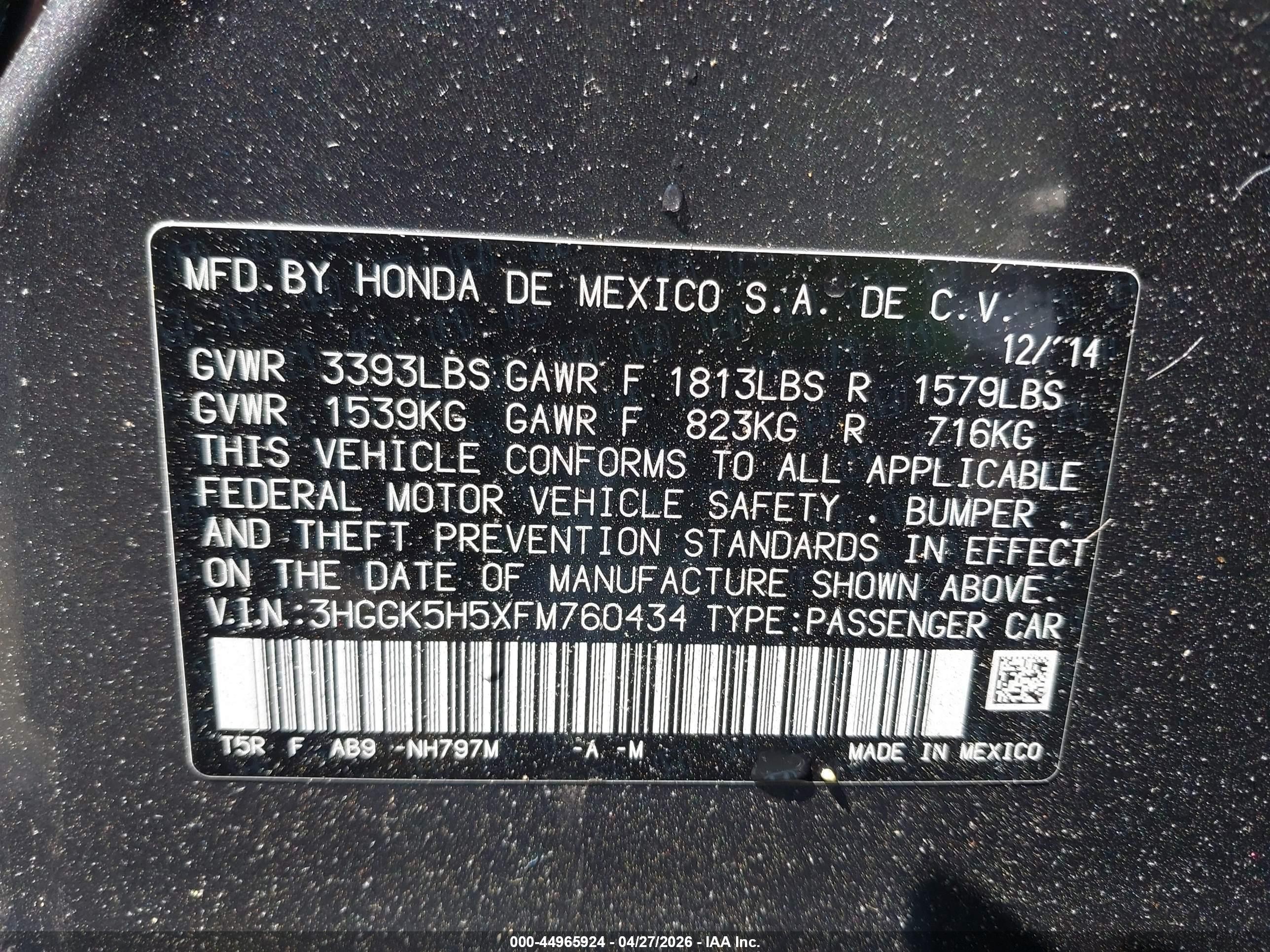 2015 Honda Fit Lx Серый vin: 3HGGK5H5XFM760434