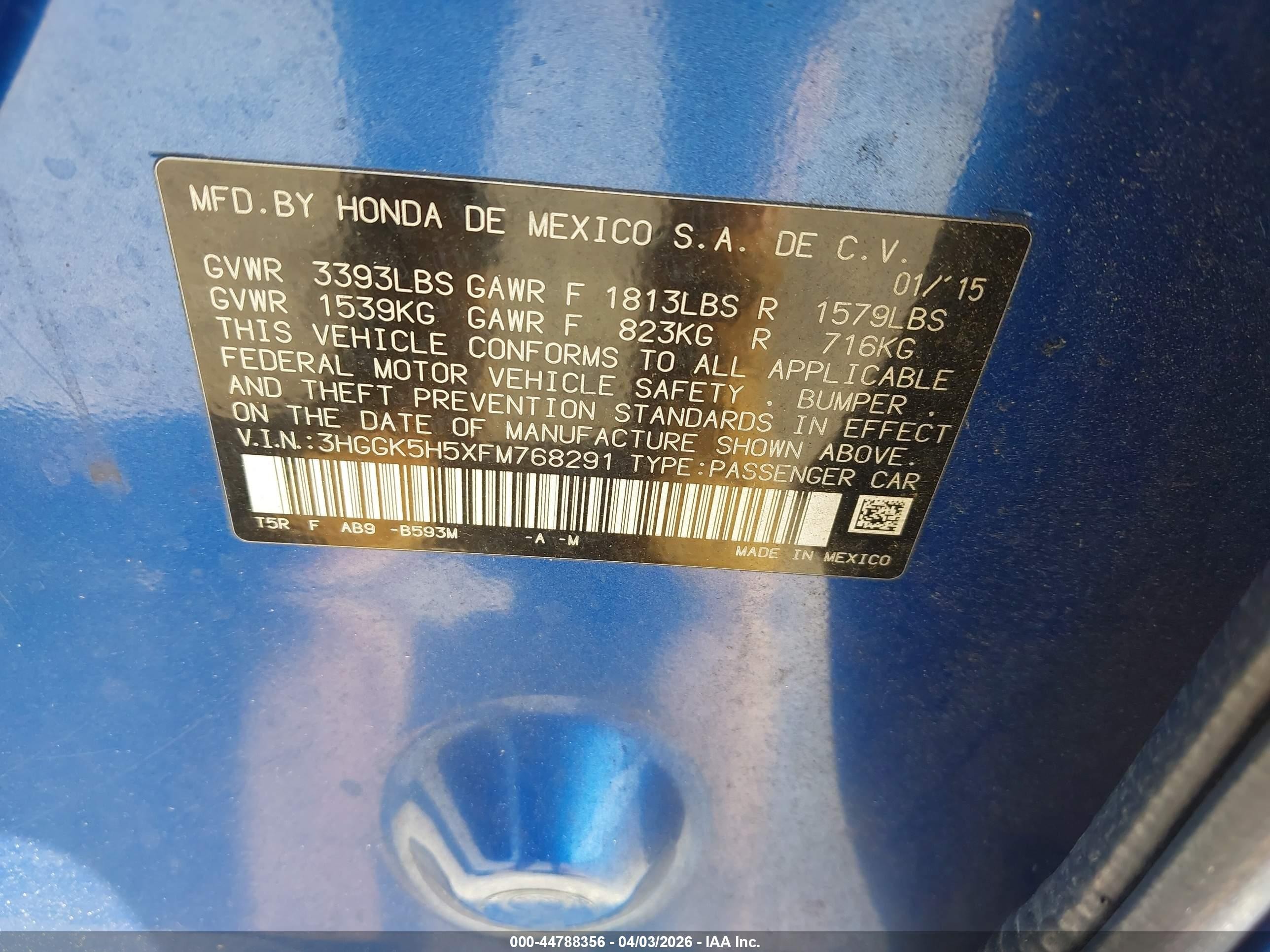 2015 Honda Fit Lx Blue vin: 3HGGK5H5XFM768291