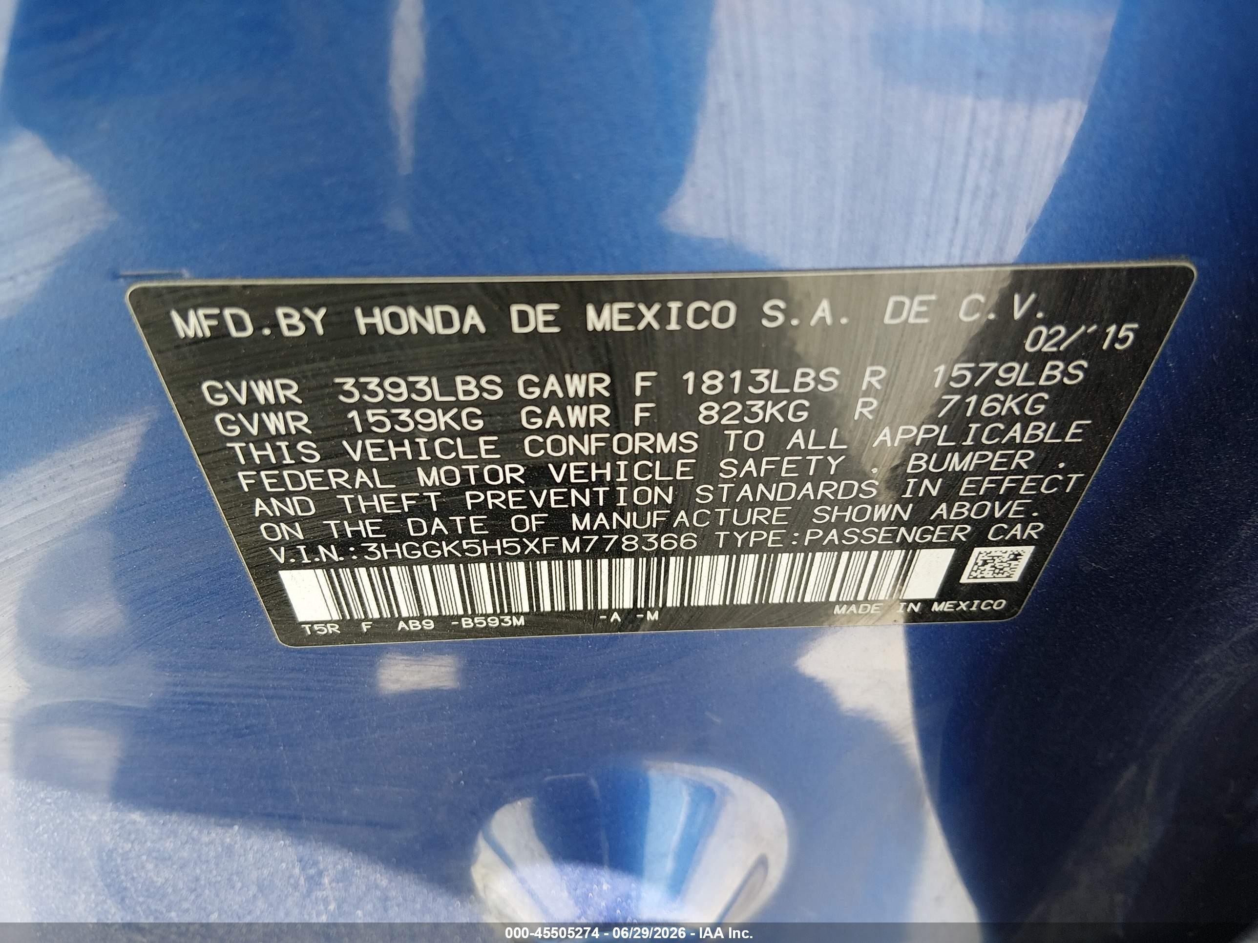 2015 Honda Fit Lx Blue vin: 3HGGK5H5XFM778366