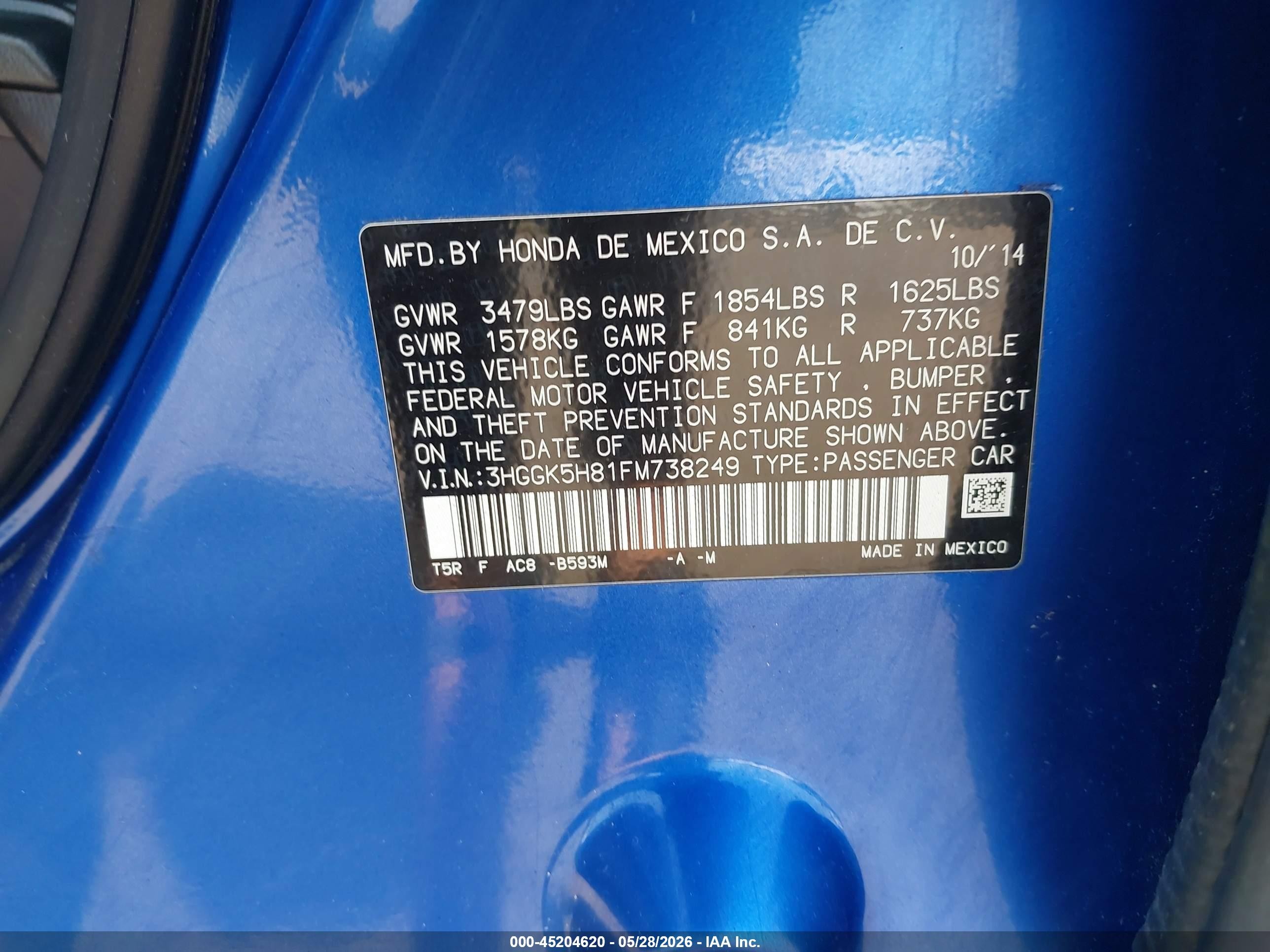 2015 Honda Fit Ex/ex-l Blue vin: 3HGGK5H81FM738249