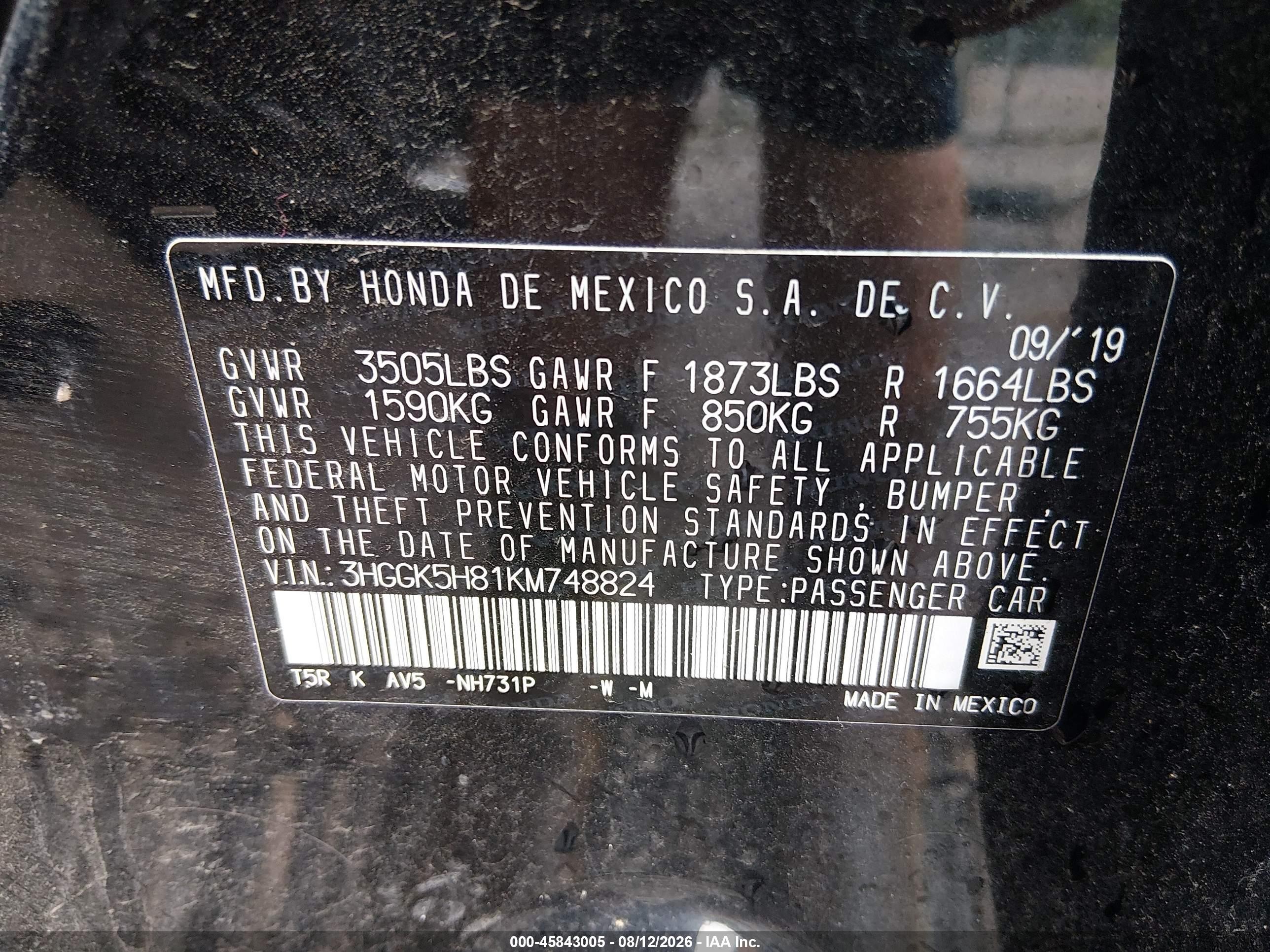 2019 Honda Fit Ex Черный vin: 3HGGK5H81KM748824
