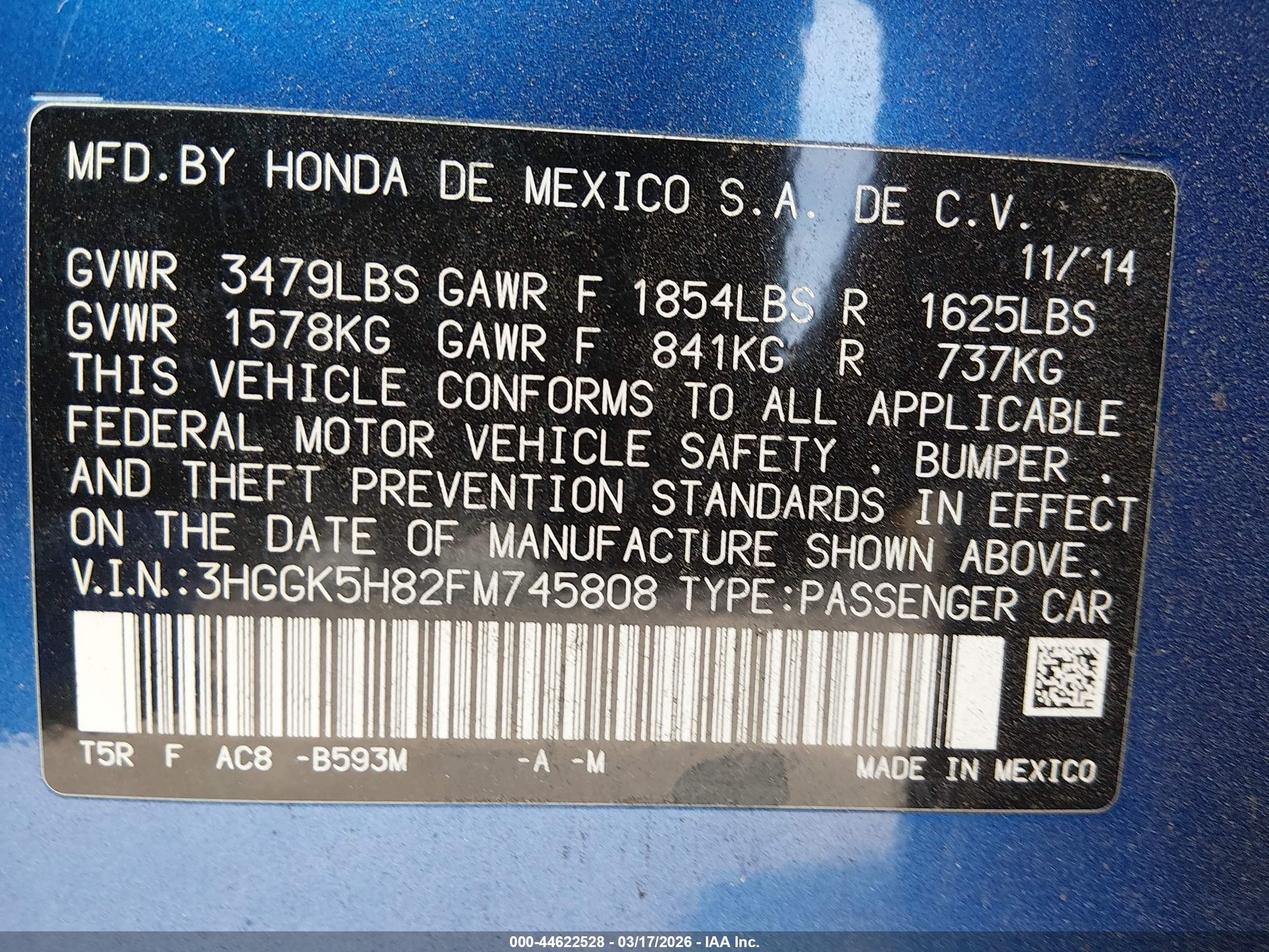 2015 Honda Fit Ex/ex-l Blue vin: 3HGGK5H82FM745808