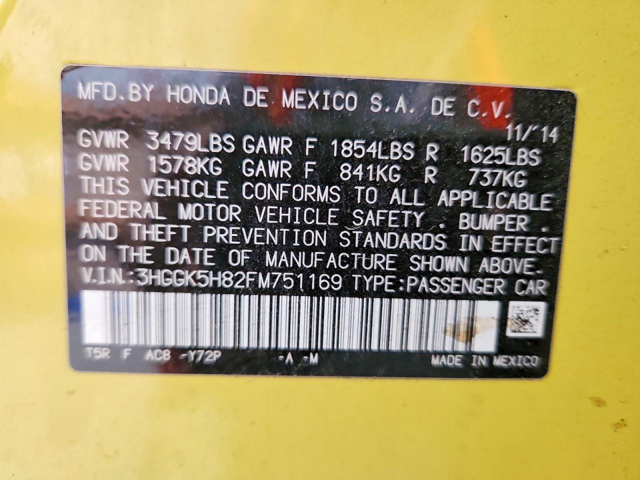 2015 Honda Fit Ex Yellow vin: 3HGGK5H82FM751169