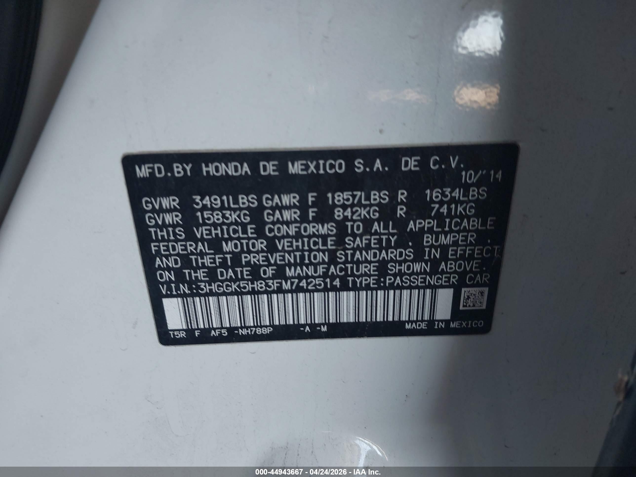 2015 Honda Fit Ex/ex-l Белый vin: 3HGGK5H83FM742514