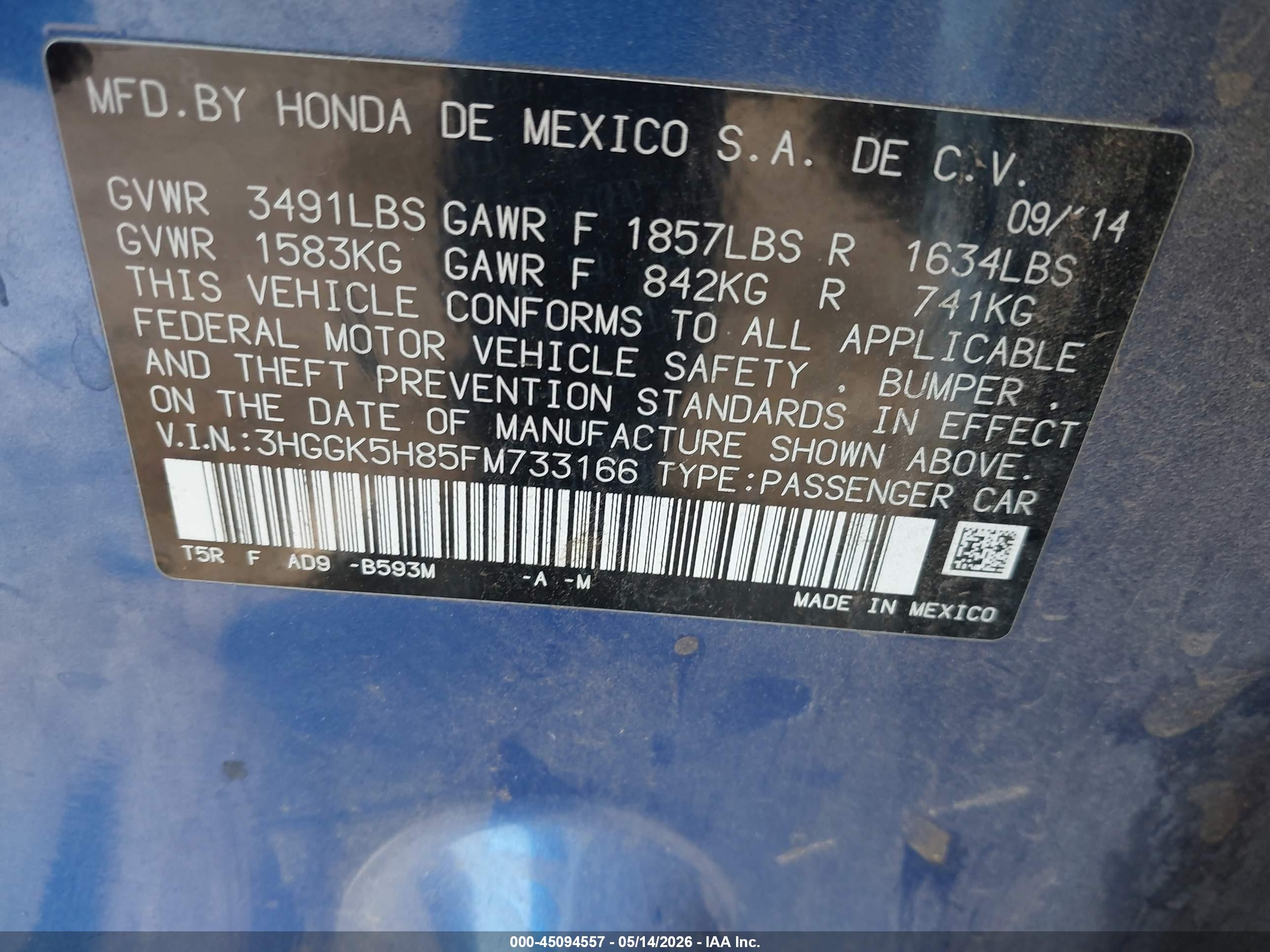 2015 Honda Fit Ex/ex-l Blue vin: 3HGGK5H85FM733166