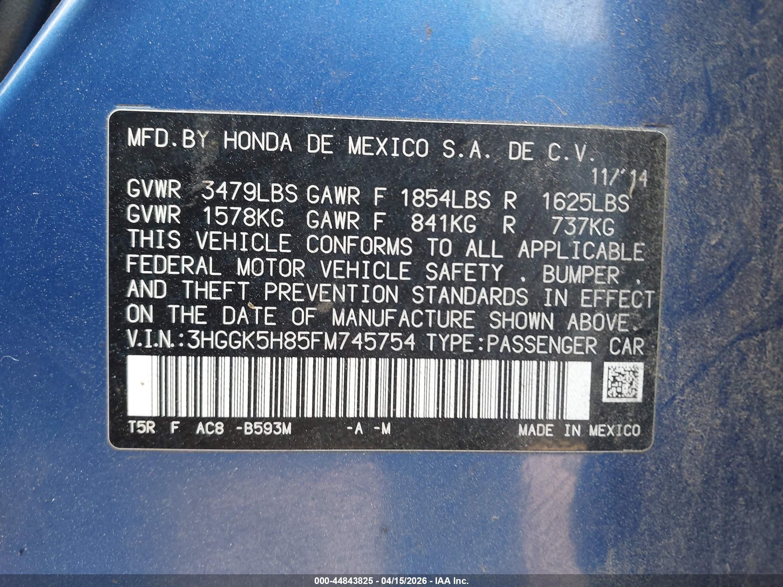 2015 Honda Fit Ex/ex-l Синий vin: 3HGGK5H85FM745754