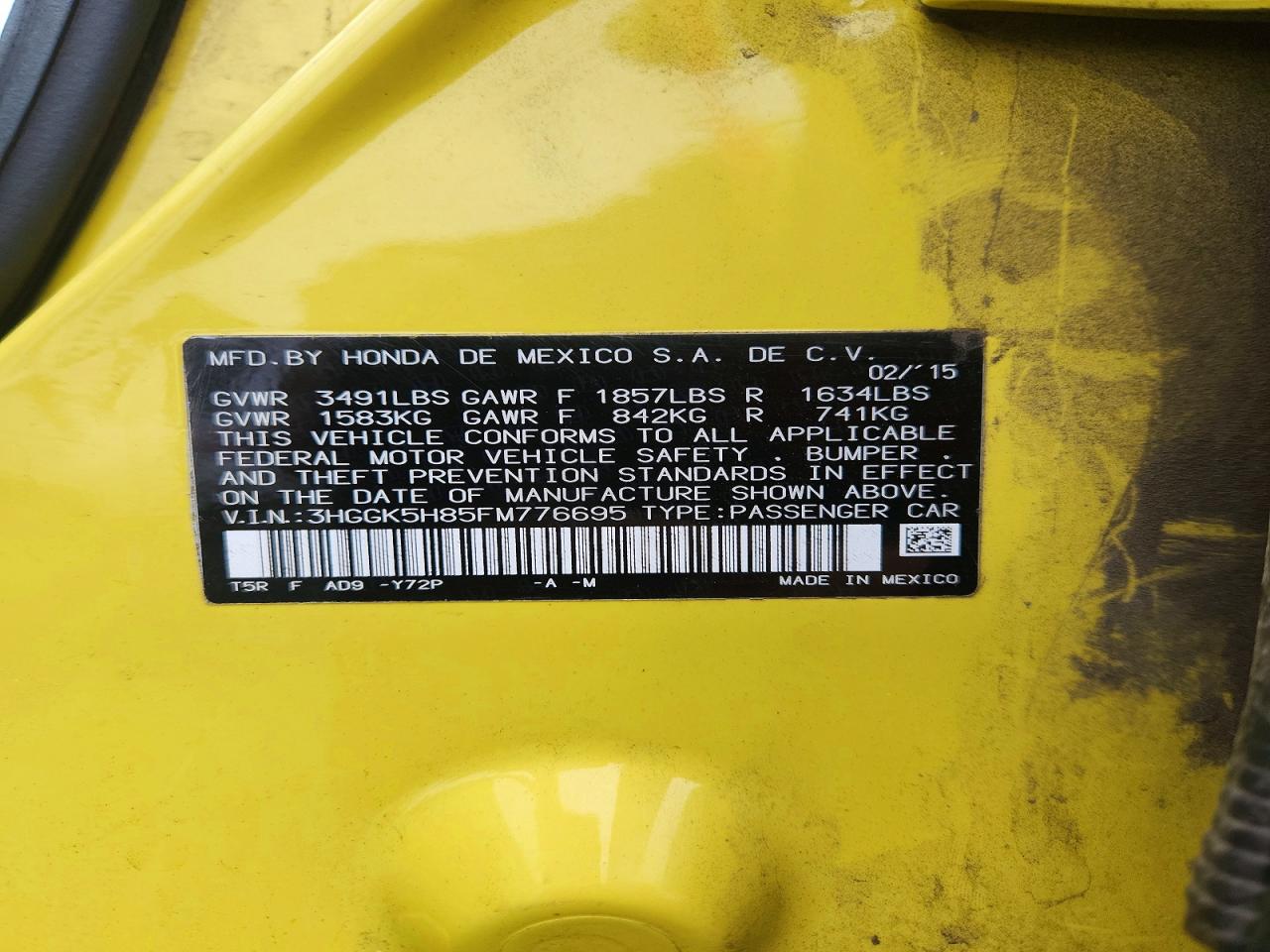 2015 Honda Fit Ex Yellow vin: 3HGGK5H85FM776695