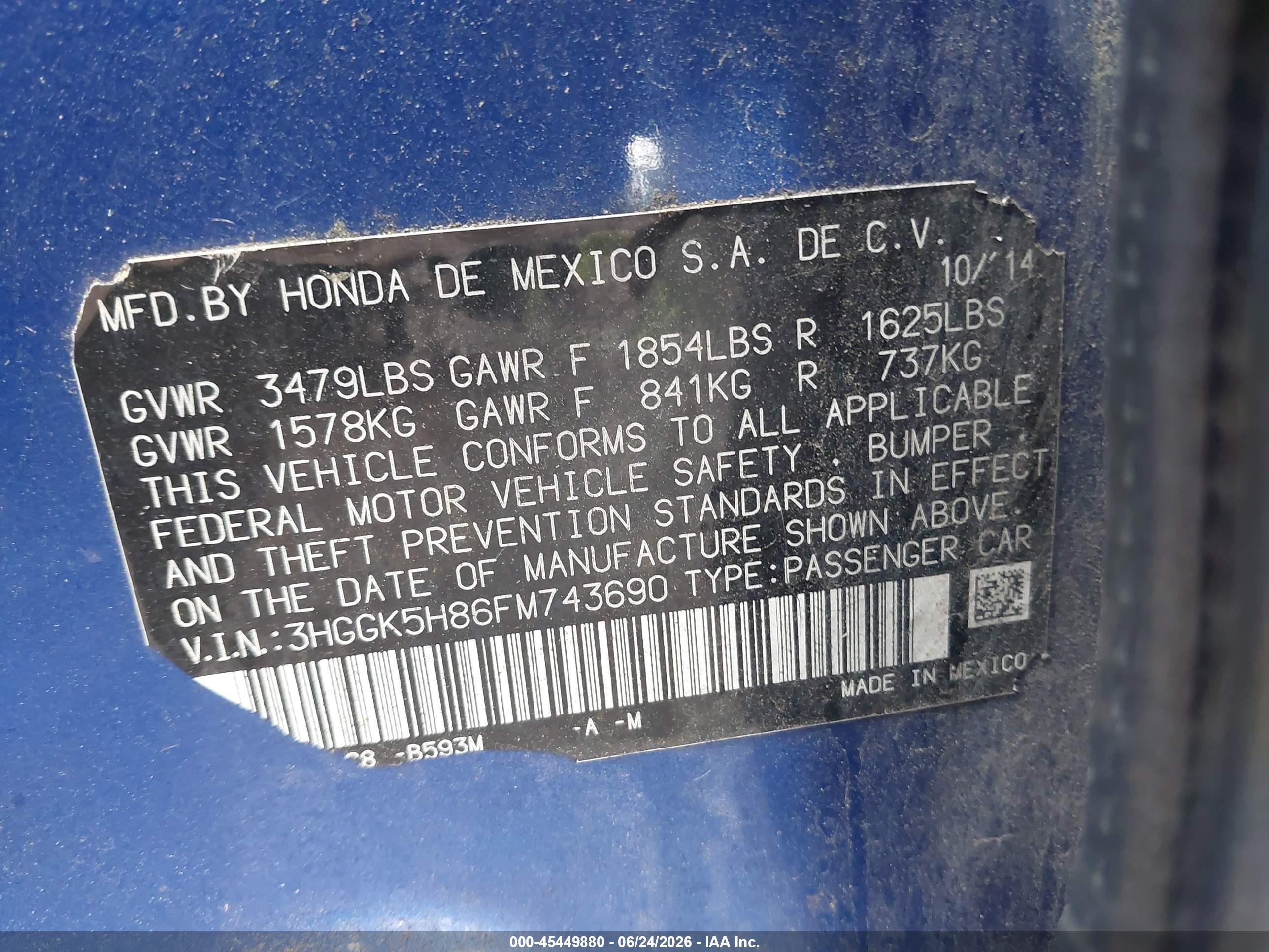 2015 Honda Fit Ex/ex-l Blue vin: 3HGGK5H86FM743690
