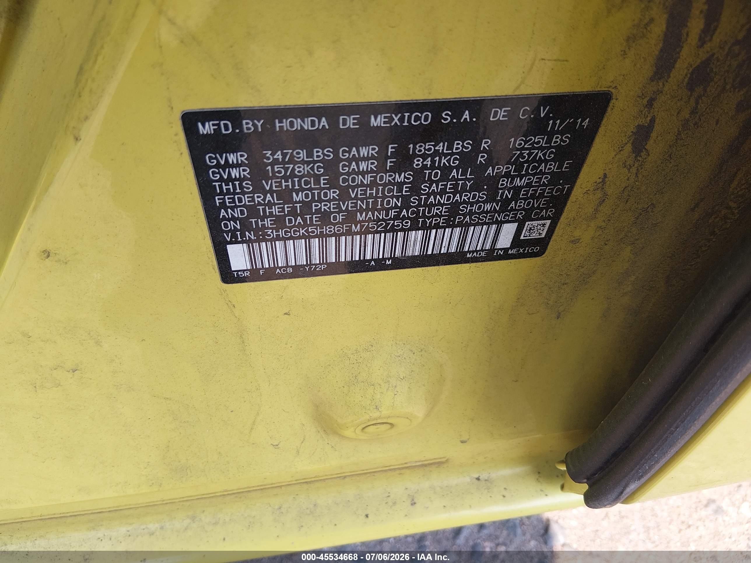 2015 Honda Fit Ex/ex-l Yellow vin: 3HGGK5H86FM752759