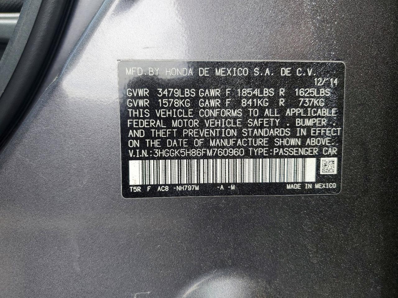 2015 Honda Fit Ex/exl Серый vin: 3HGGK5H86FM760960