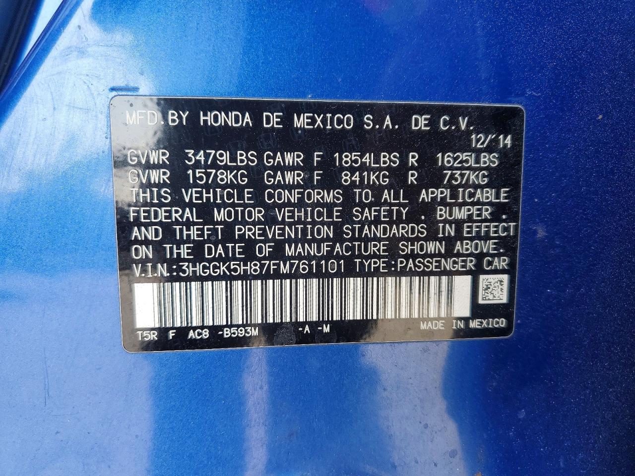 2015 Honda Fit Ex Blue vin: 3HGGK5H87FM761101