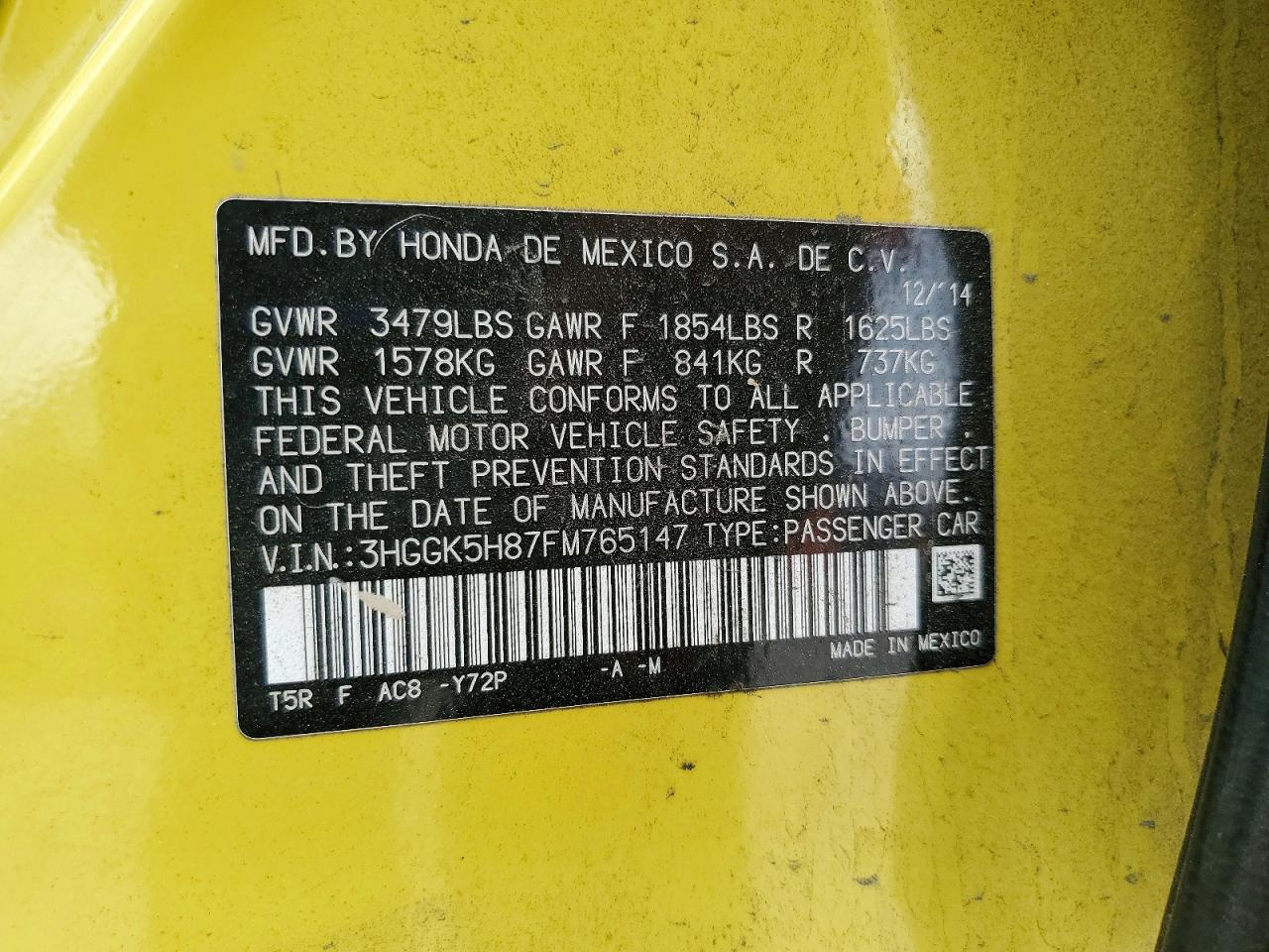 2015 Honda Fit Ex Yellow vin: 3HGGK5H87FM765147
