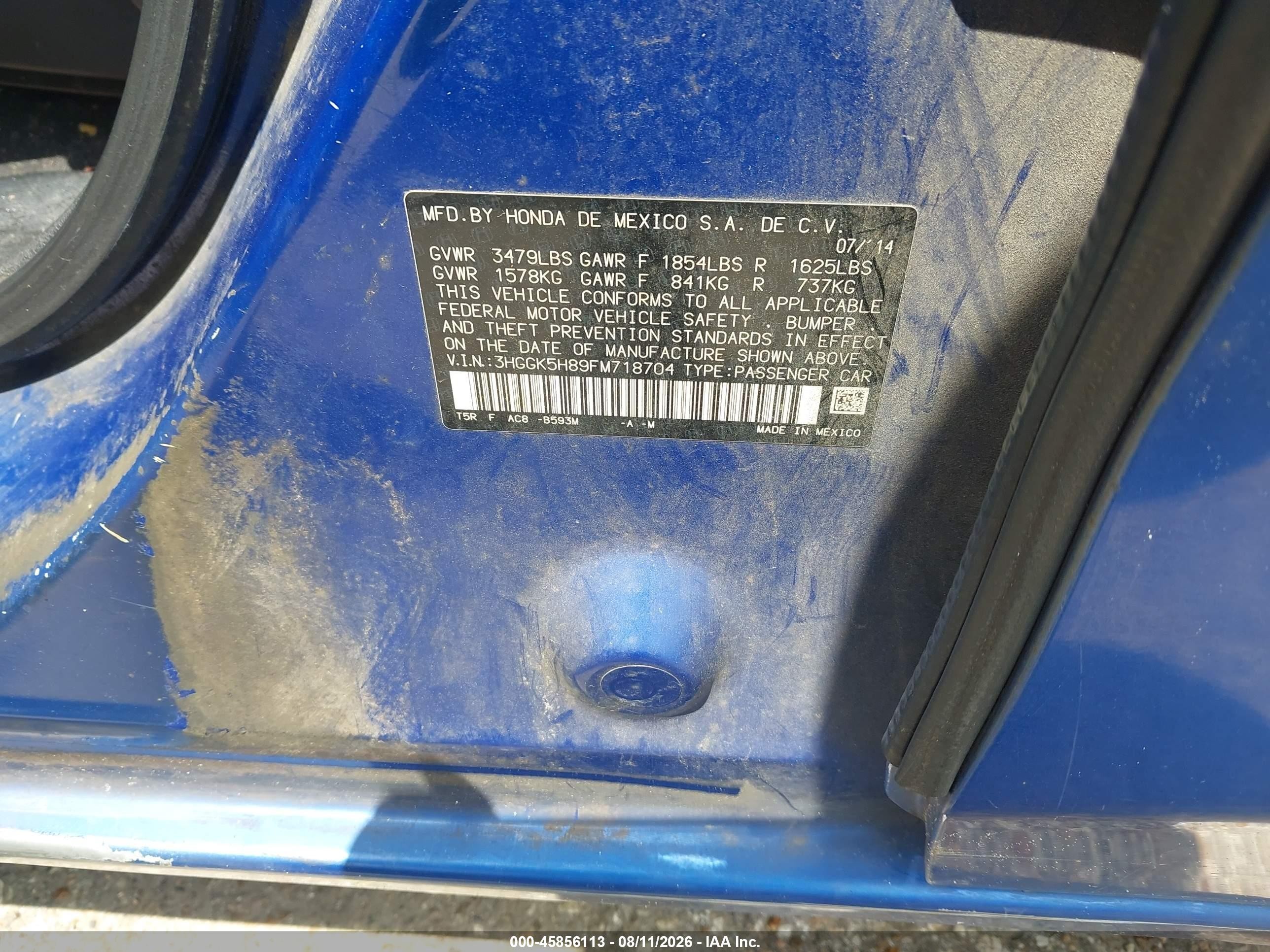 2015 Honda Fit Ex/ex-l Blue vin: 3HGGK5H89FM718704
