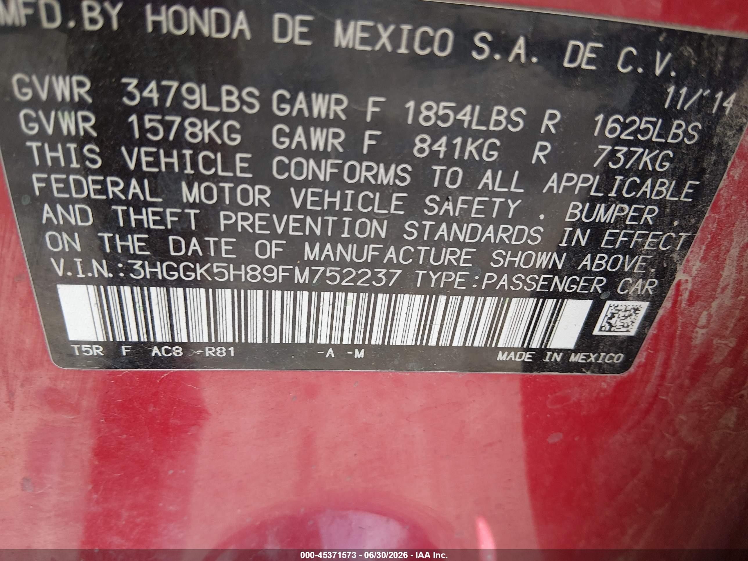 2015 Honda Fit Ex/ex-l Red vin: 3HGGK5H89FM752237