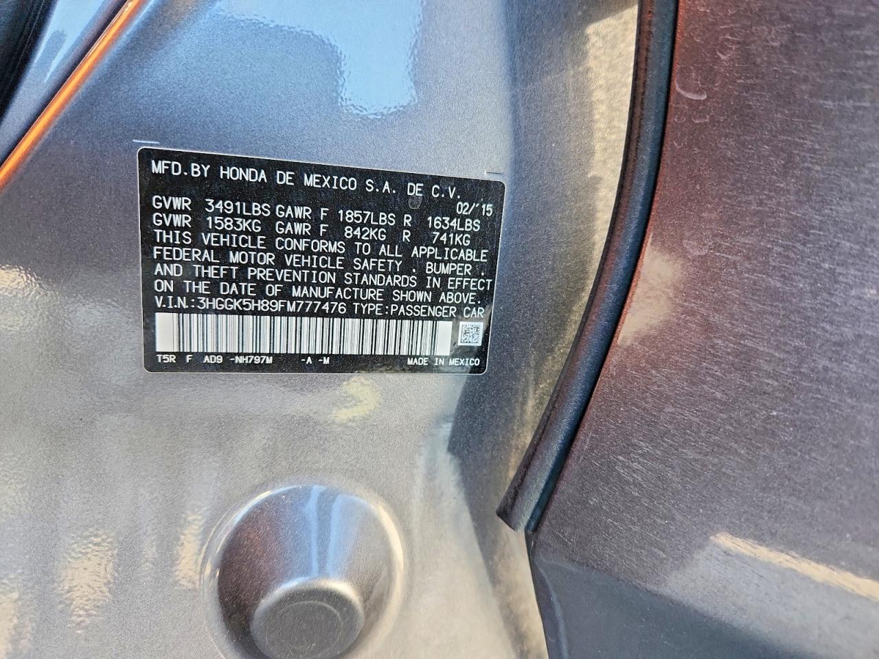 2015 Honda Fit Ex Charcoal vin: 3HGGK5H89FM777476
