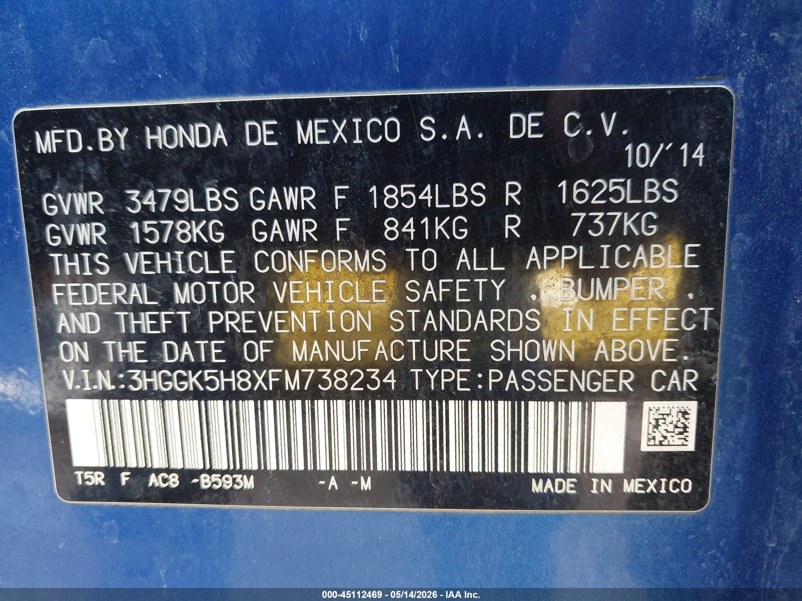 2015 Honda Fit Ex/ex-l Blue vin: 3HGGK5H8XFM738234