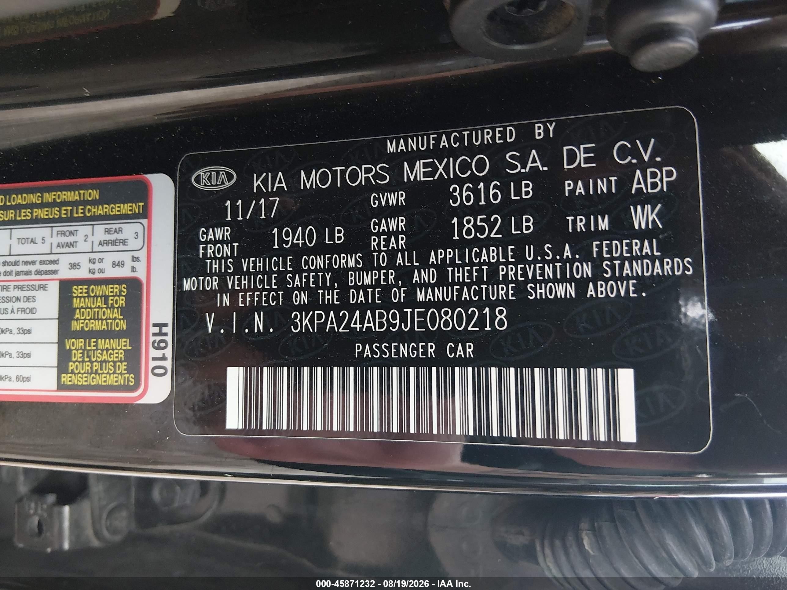 2018 Kia Rio Lx Black vin: 3KPA24AB9JE080218