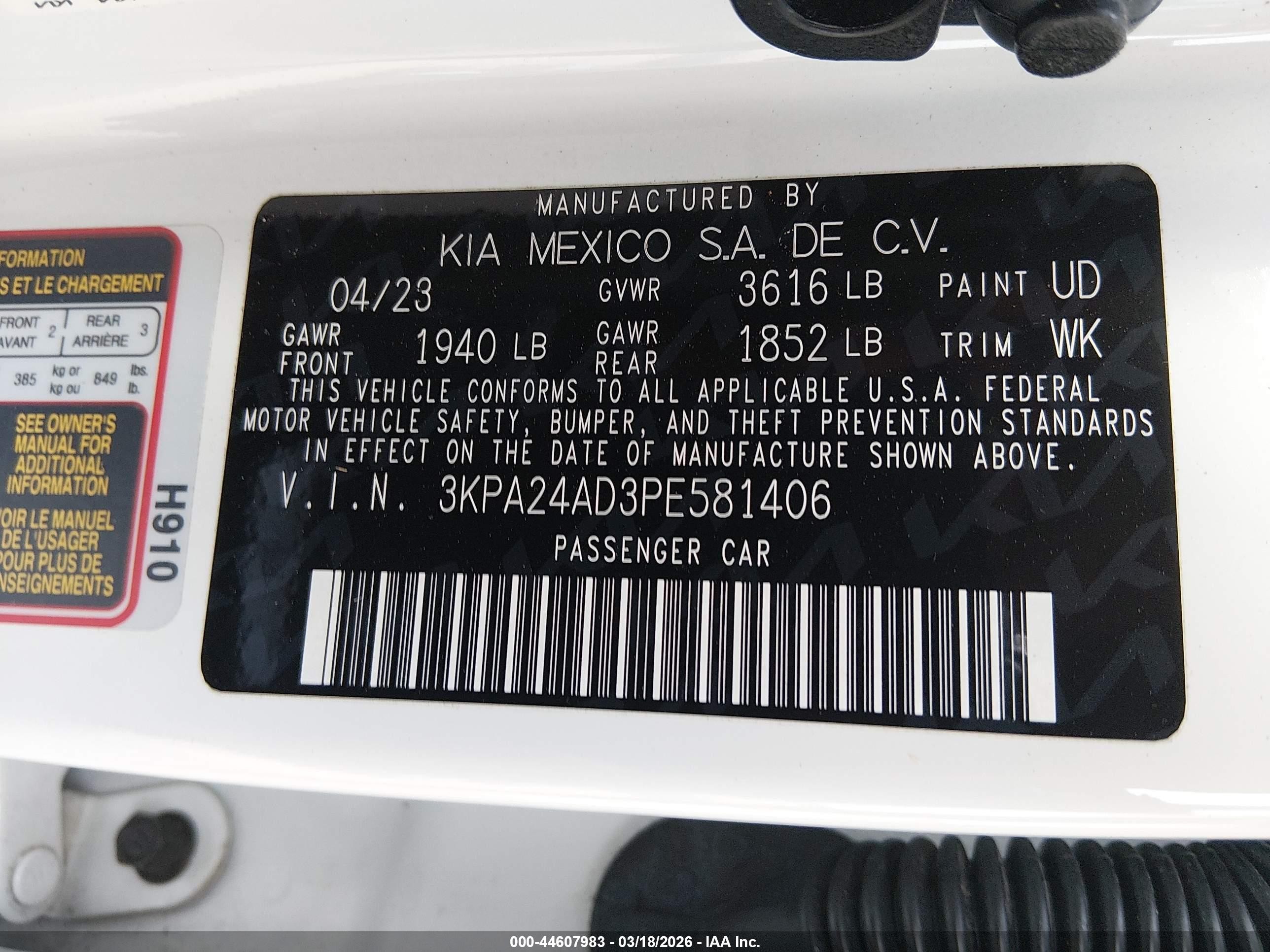 2023 Kia Rio Lx White vin: 3KPA24AD3PE581406