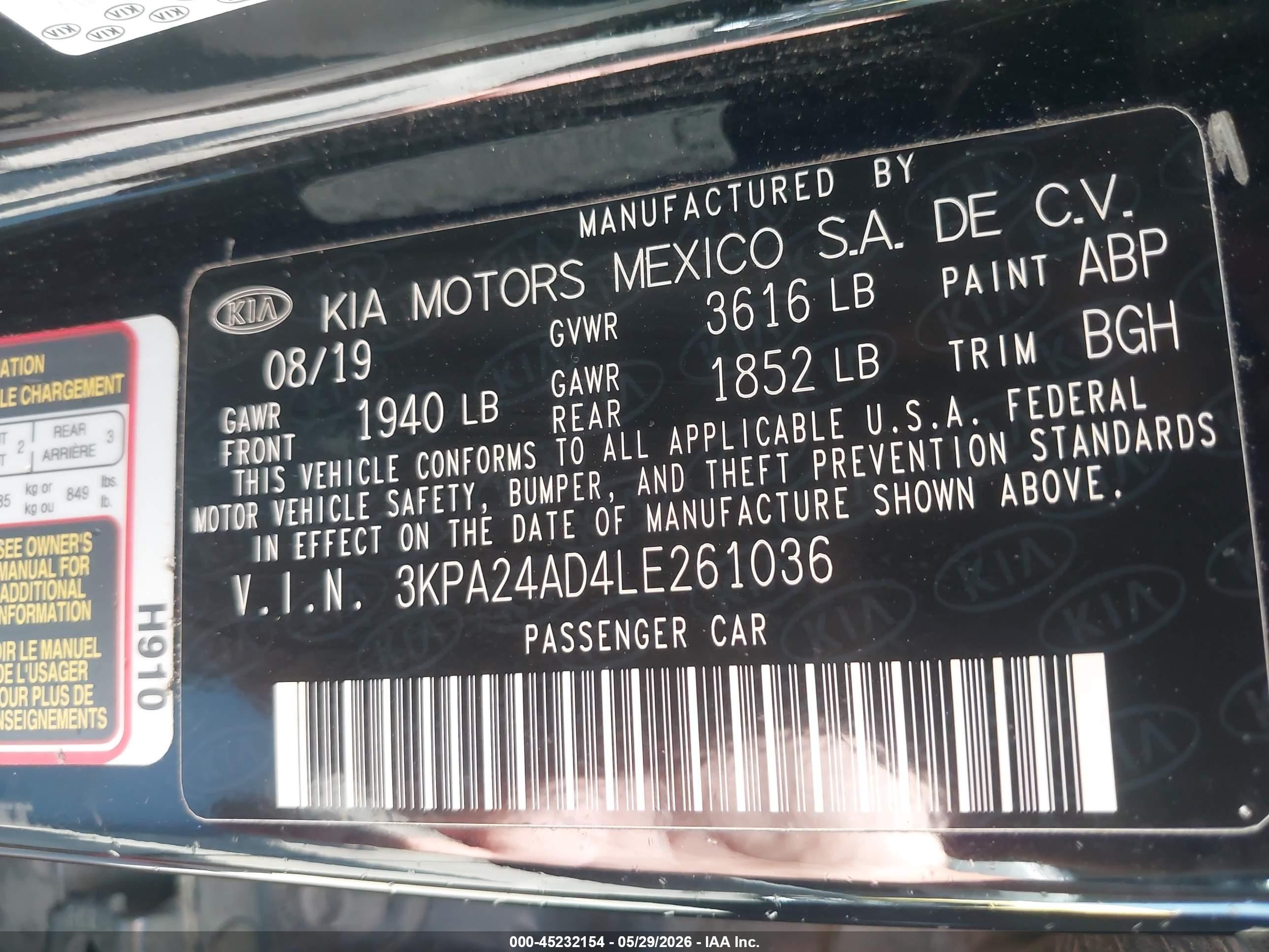 2020 Kia Rio S Black vin: 3KPA24AD4LE261036