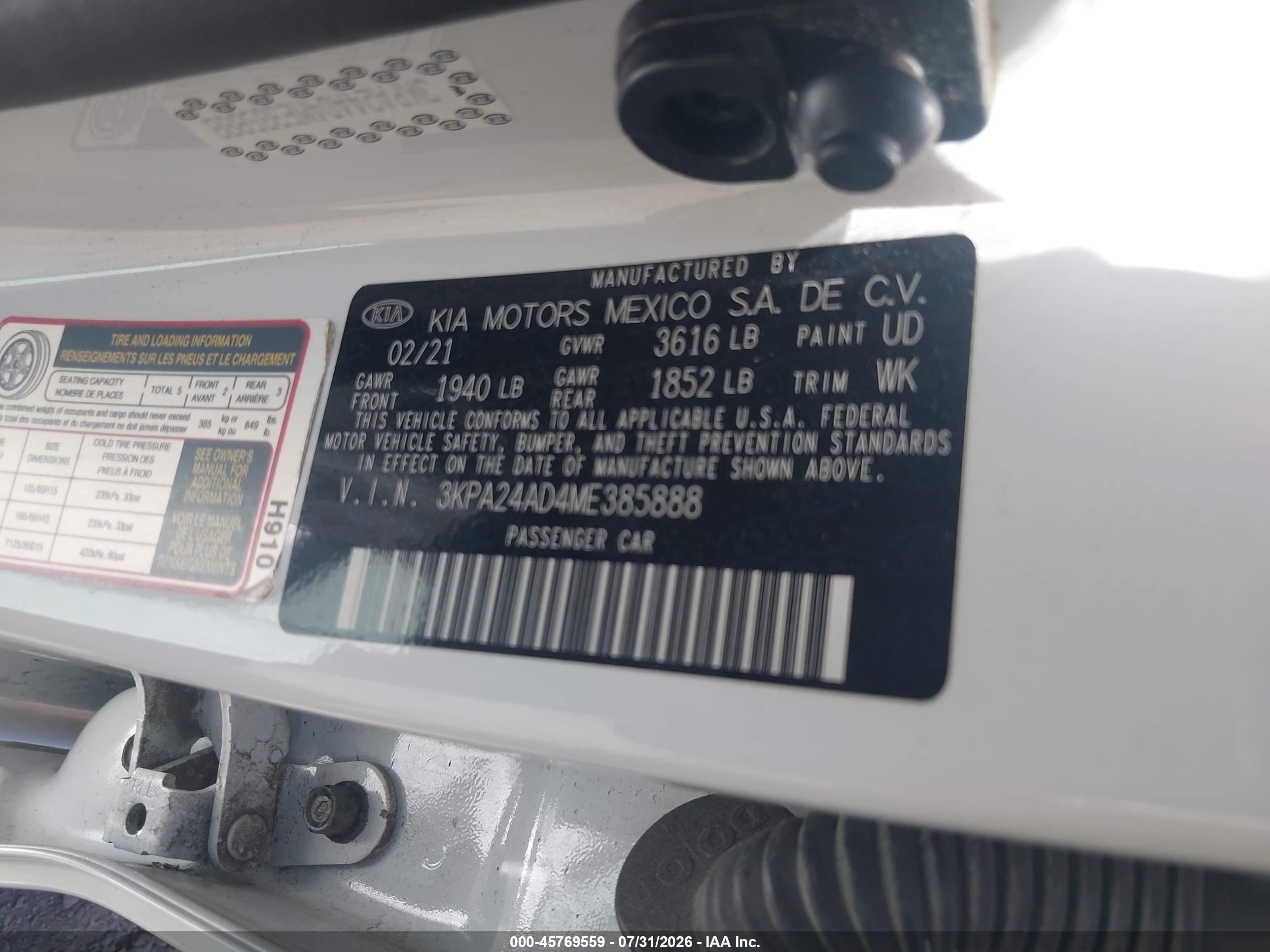 2021 Kia Rio S White vin: 3KPA24AD4ME385888