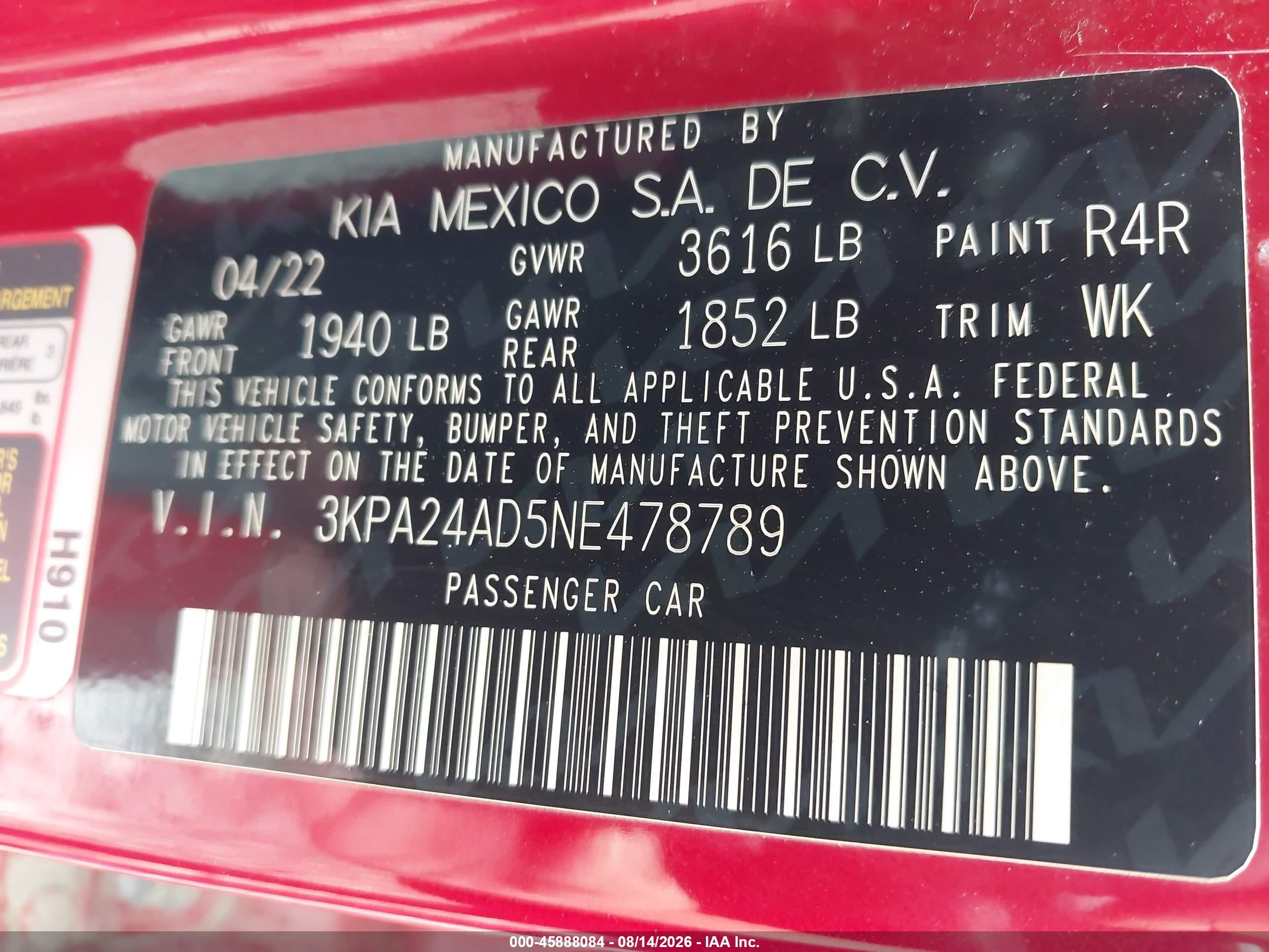 2022 Kia Rio S Red vin: 3KPA24AD5NE478789