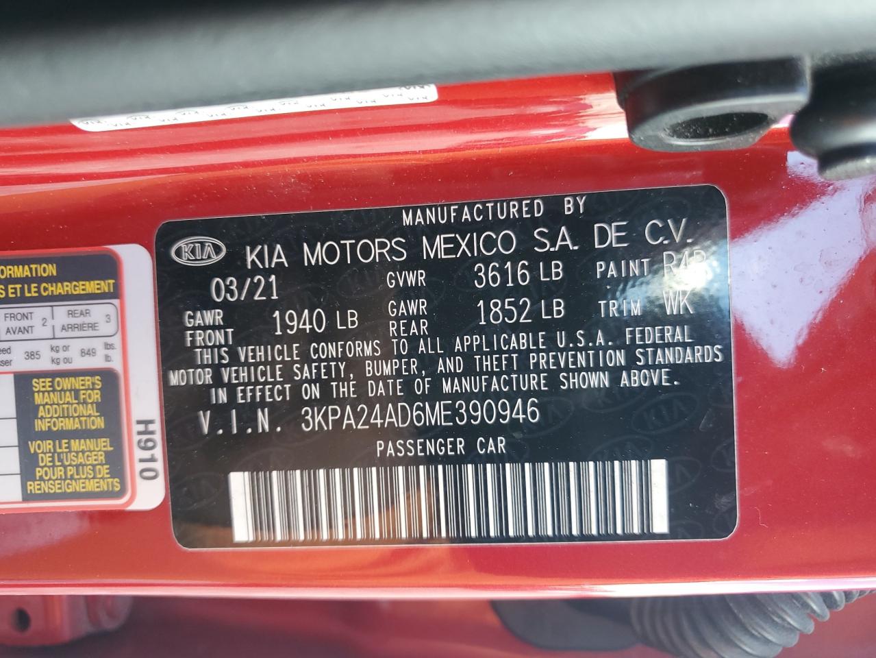 2021 Kia Rio Lx Red vin: 3KPA24AD6ME390946