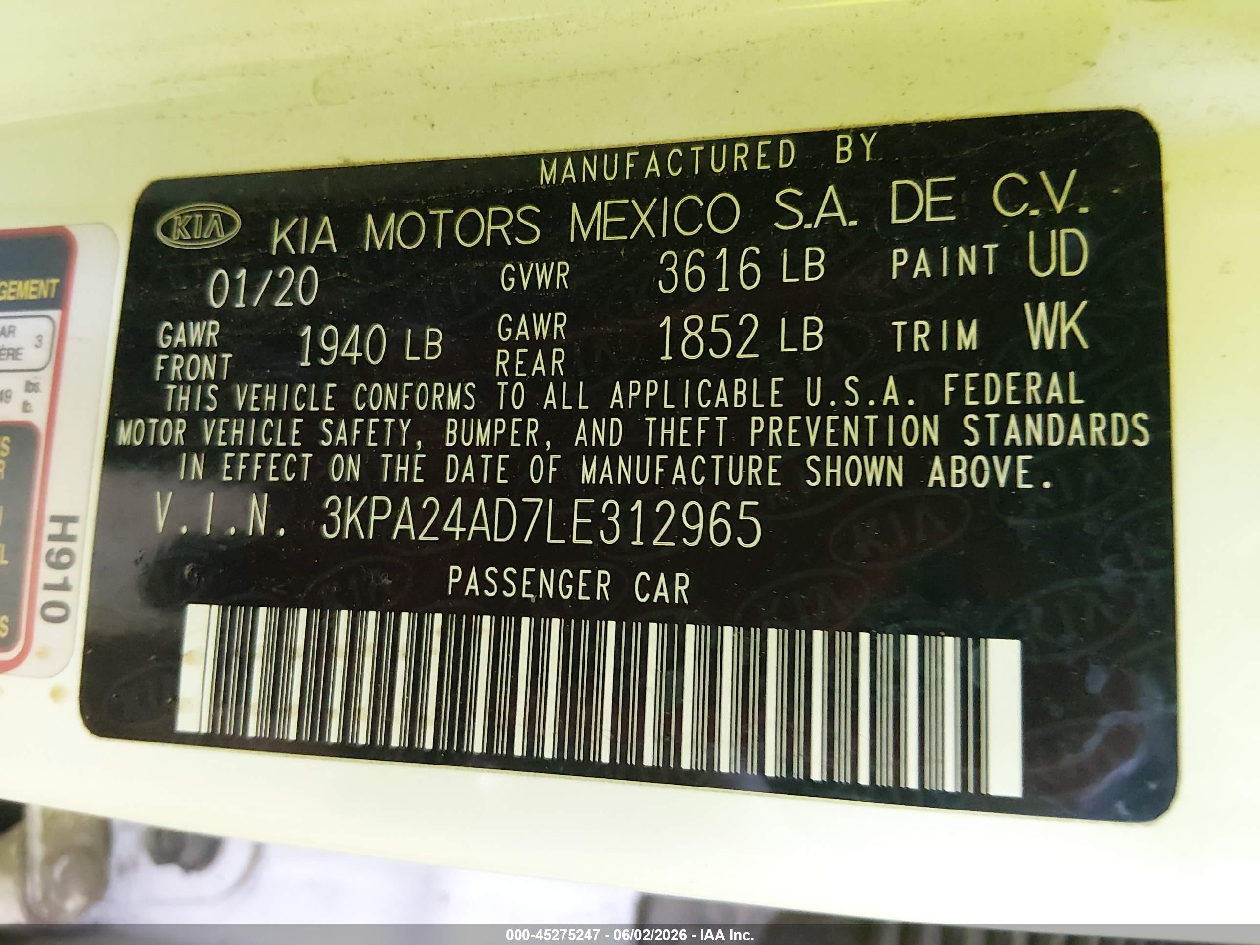 2020 Kia Rio S White vin: 3KPA24AD7LE312965