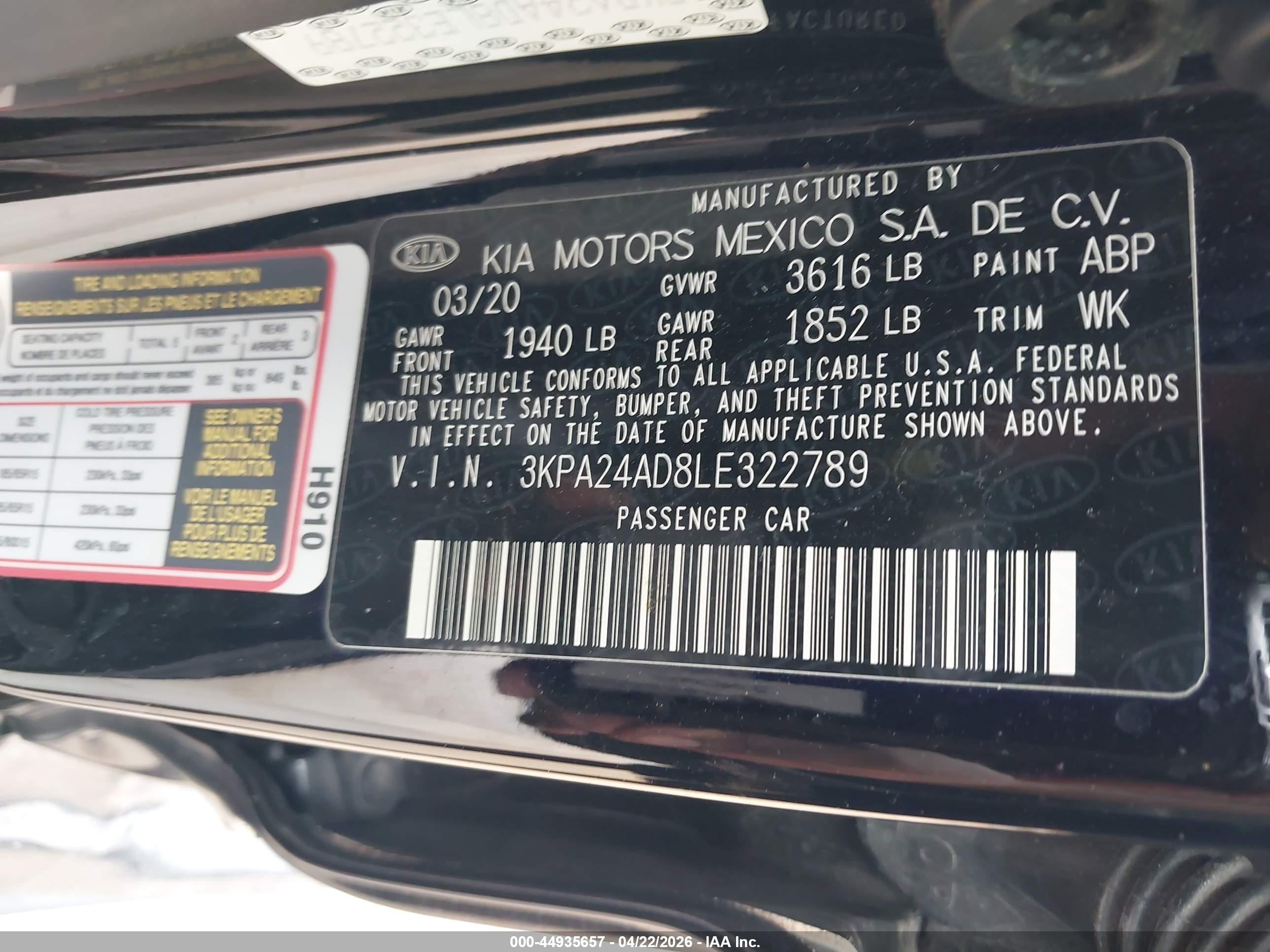 2020 Kia Rio S Black vin: 3KPA24AD8LE322789