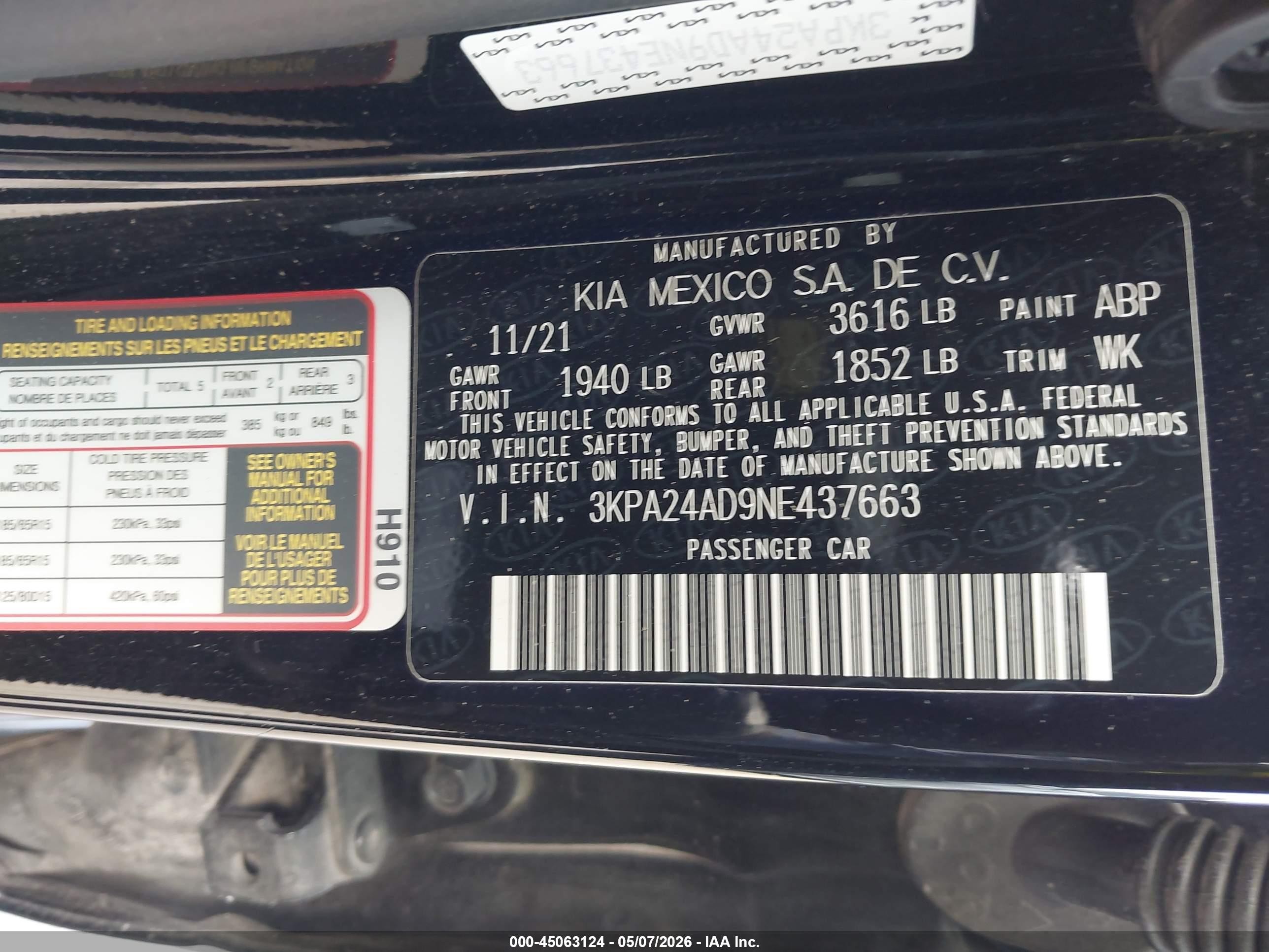 2022 Kia Rio S Black vin: 3KPA24AD9NE437663