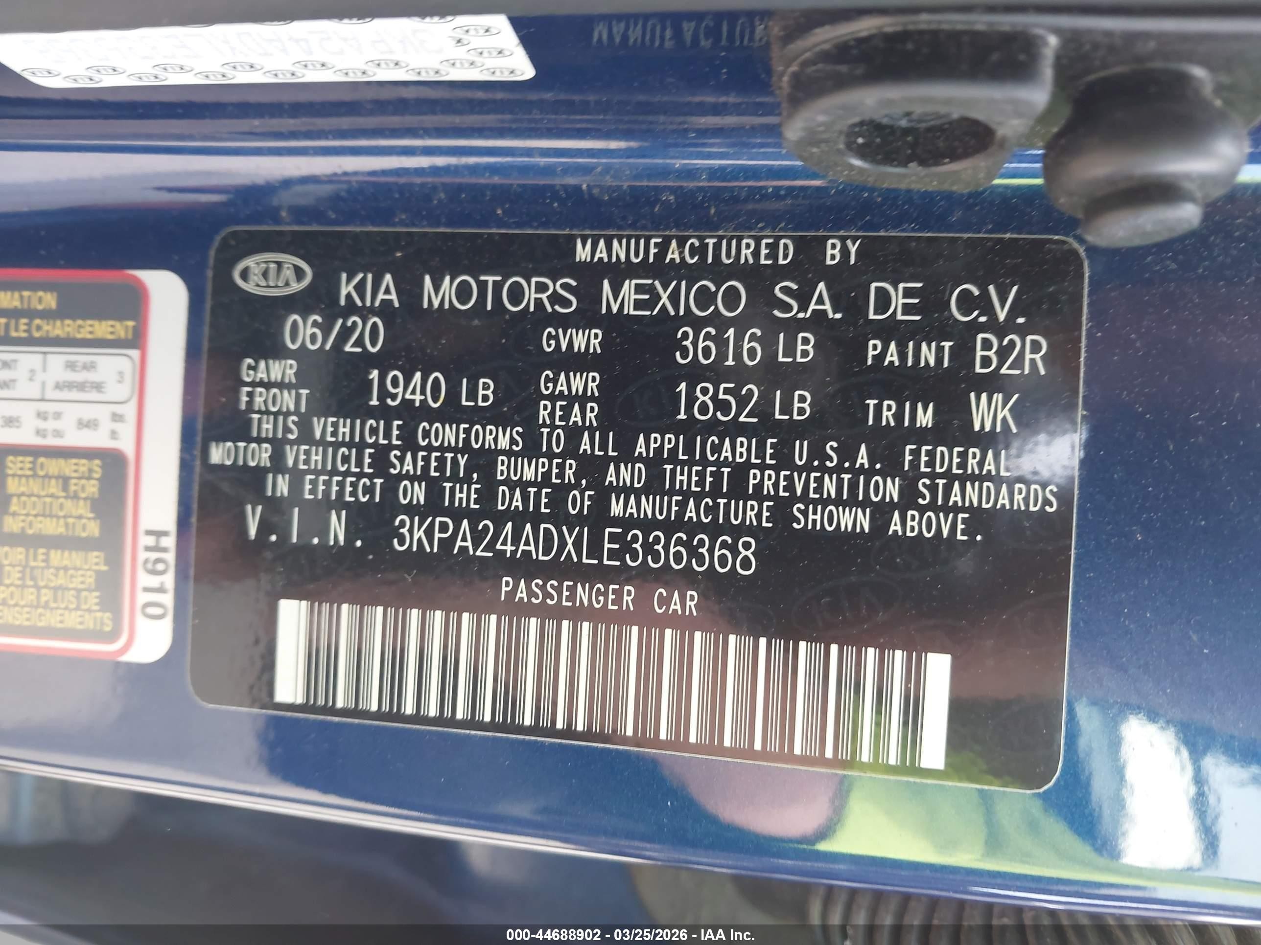 2020 Kia Rio S Синий vin: 3KPA24ADXLE336368