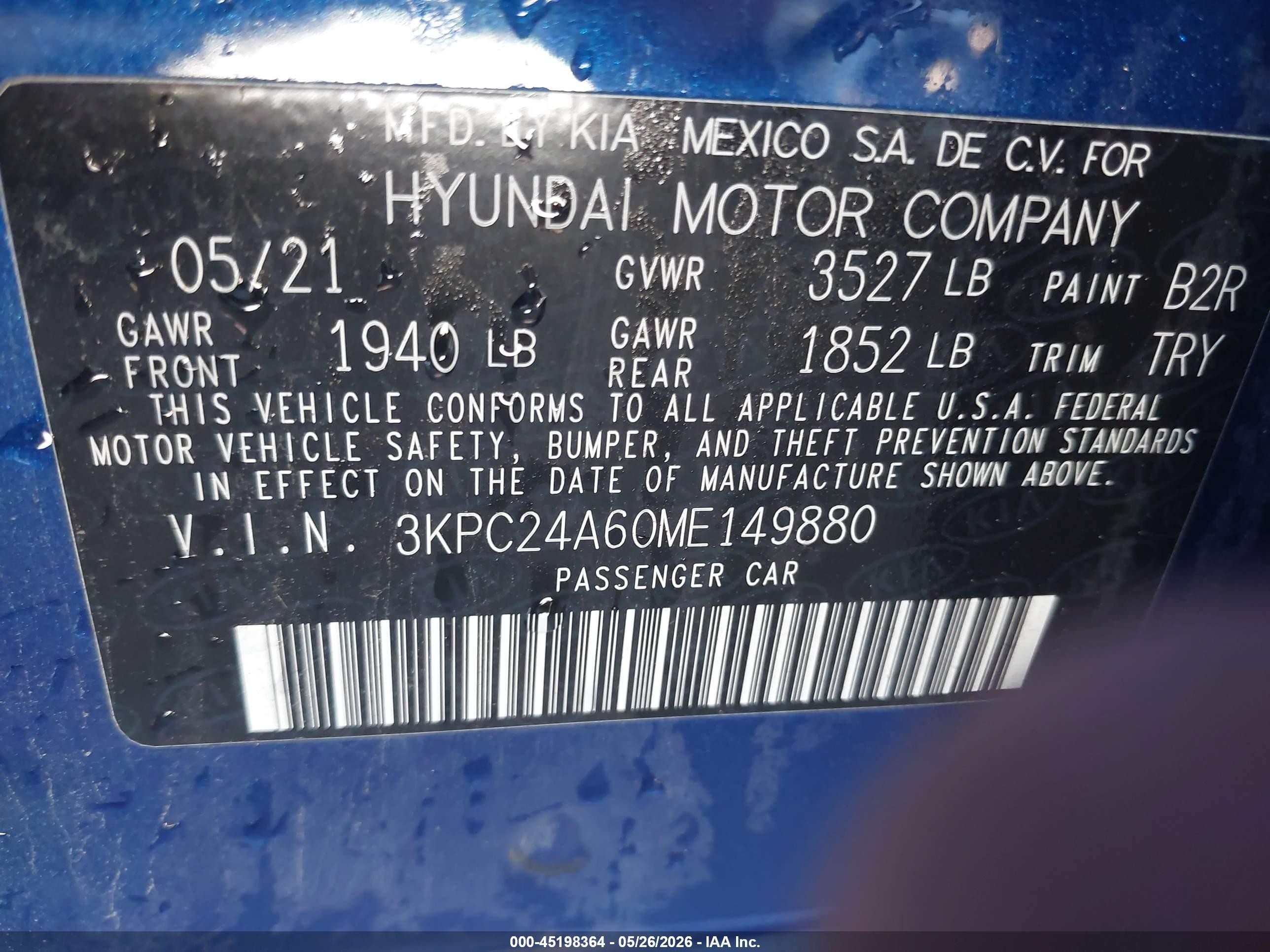 2021 Hyundai Accent Se Blue vin: 3KPC24A60ME149880