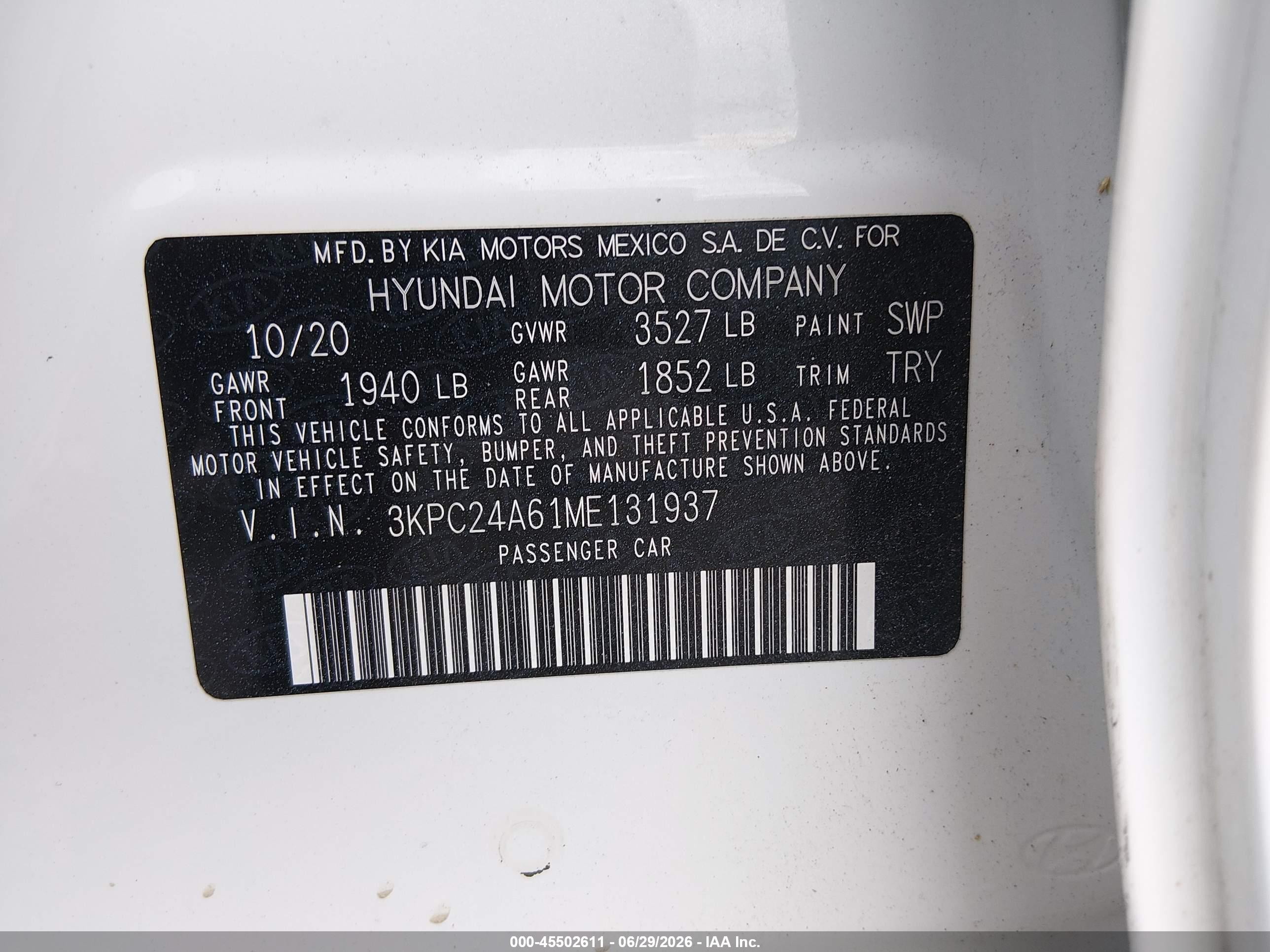 2021 Hyundai Accent Se White vin: 3KPC24A61ME131937
