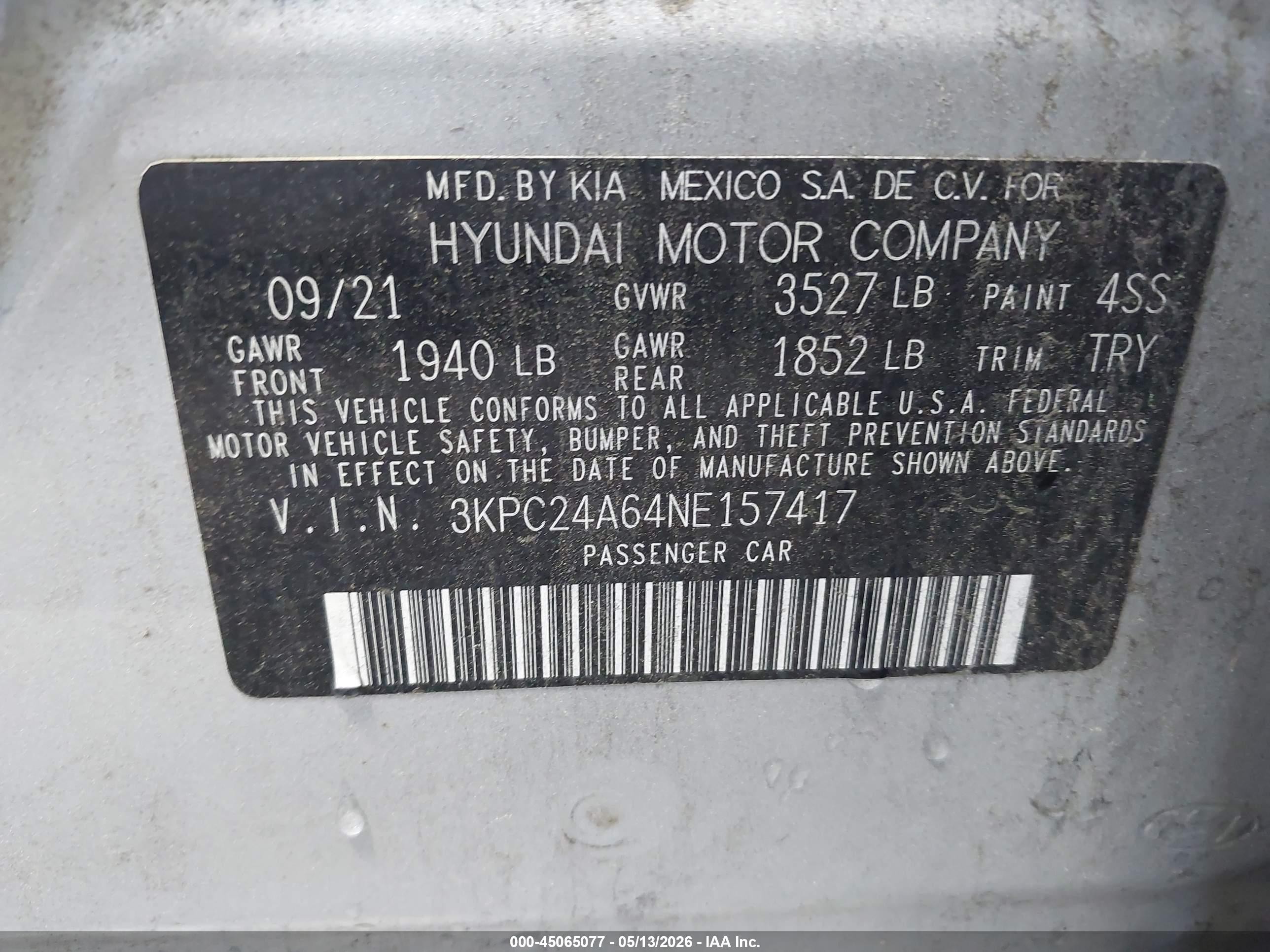 2022 Hyundai Accent Se Gray vin: 3KPC24A64NE157417
