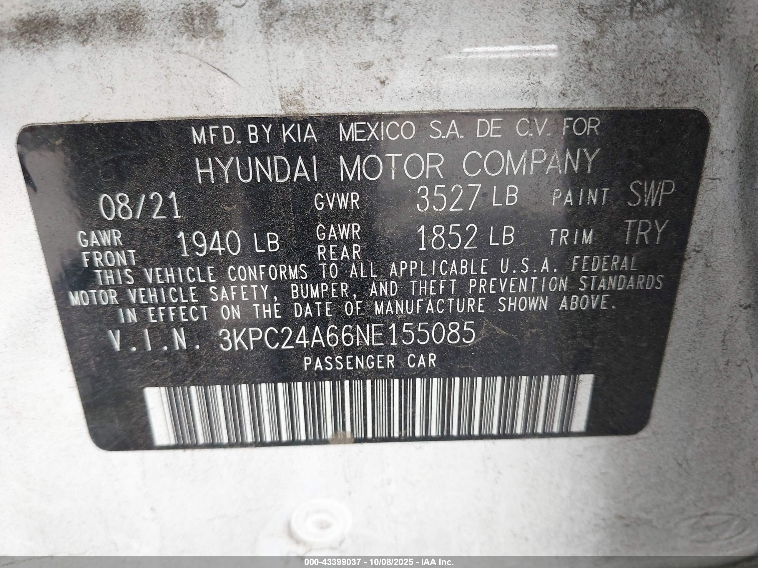 2022 Hyundai Accent Se White vin: 3KPC24A66NE155085