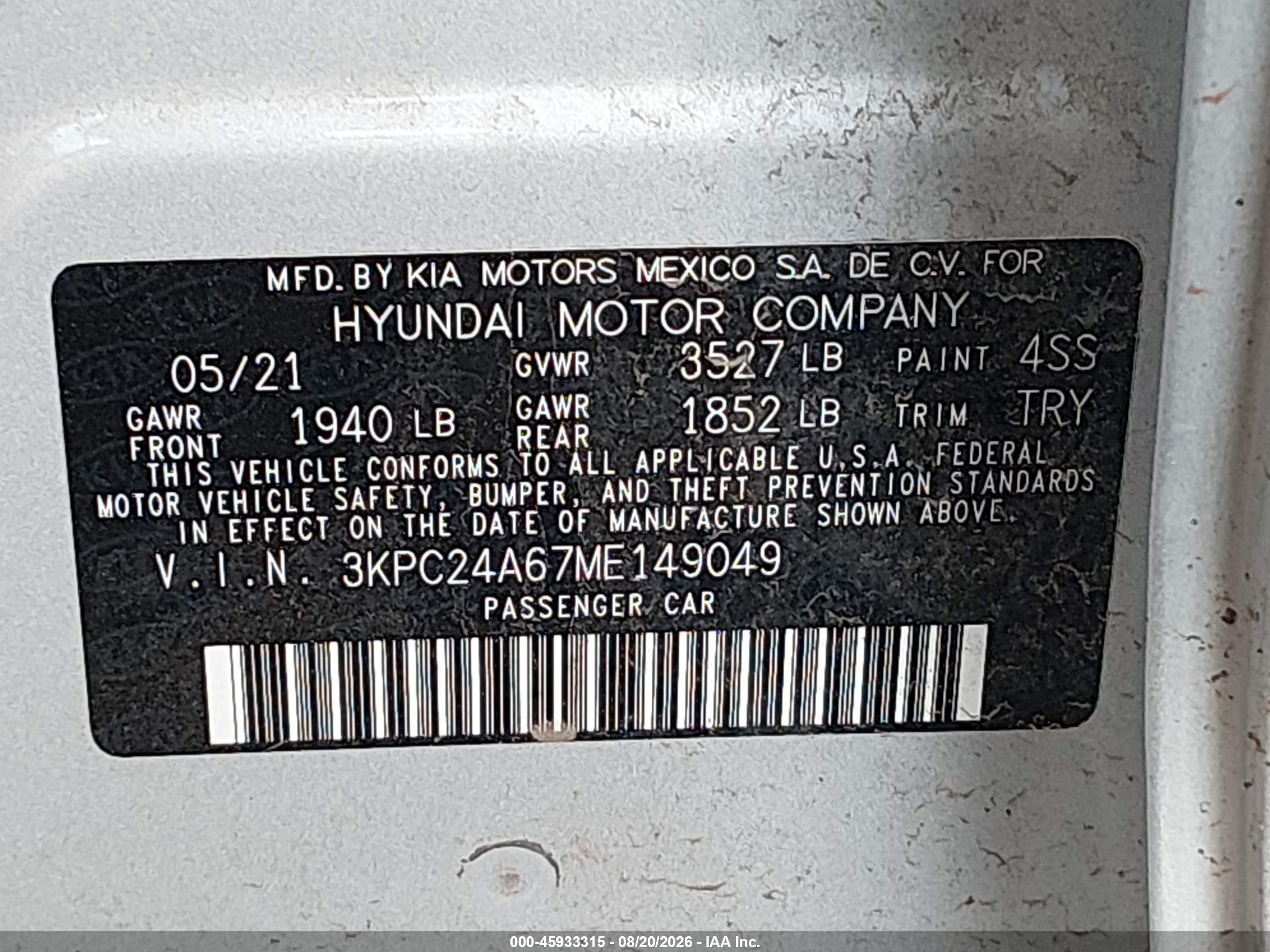 2021 Hyundai Accent Se Silver vin: 3KPC24A67ME149049