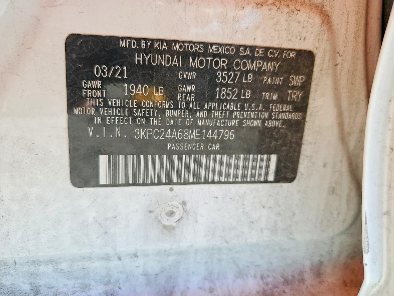 2021 Hyundai Accent Se White vin: 3KPC24A68ME144796