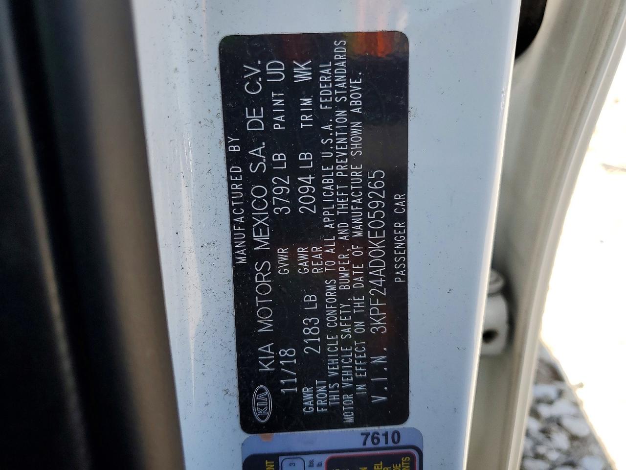 2019 Kia Forte Lxs White vin: 3KPF24AD0KE059265