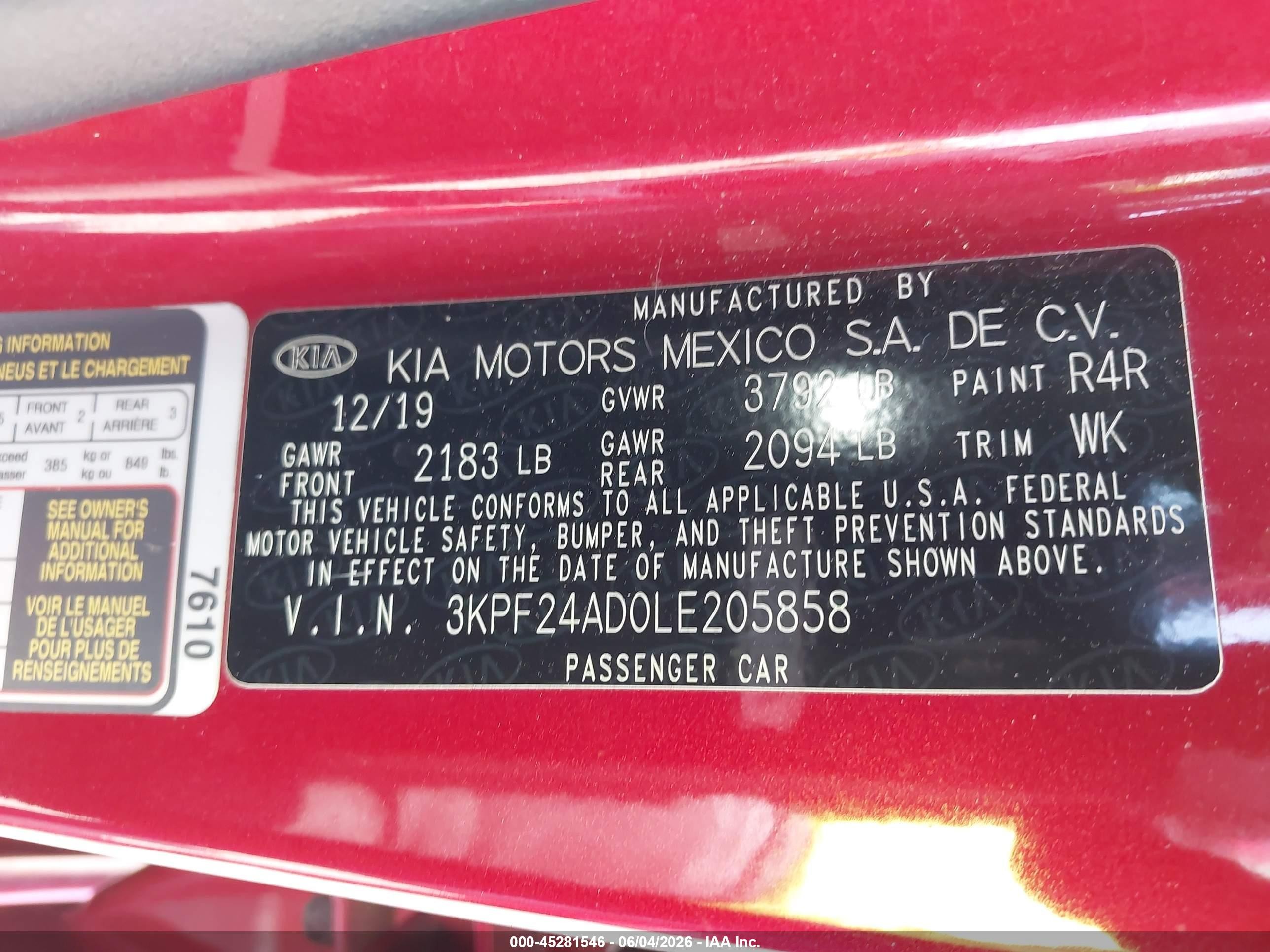2020 Kia Forte Lxs Red vin: 3KPF24AD0LE205858